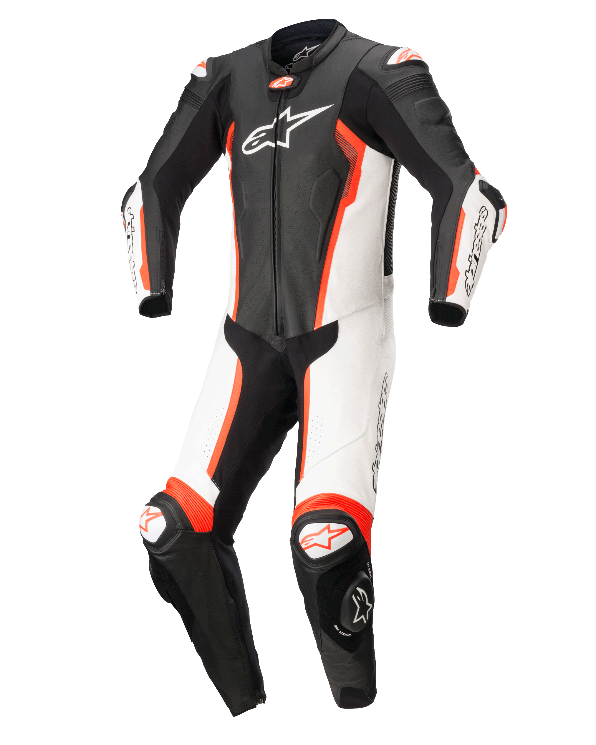 Alpinestars Missile V2 1-delig lederen pak, racelederen pak, zwart wit en fluo rood, met een voorgevormd ergonomisch ontwerp met witte en zwarte panelen, opvallende fluo rode accenten, Alpinestars-branding op de borst en kniesliders, ontworpen voor hoogwaardige raceprestaties.
