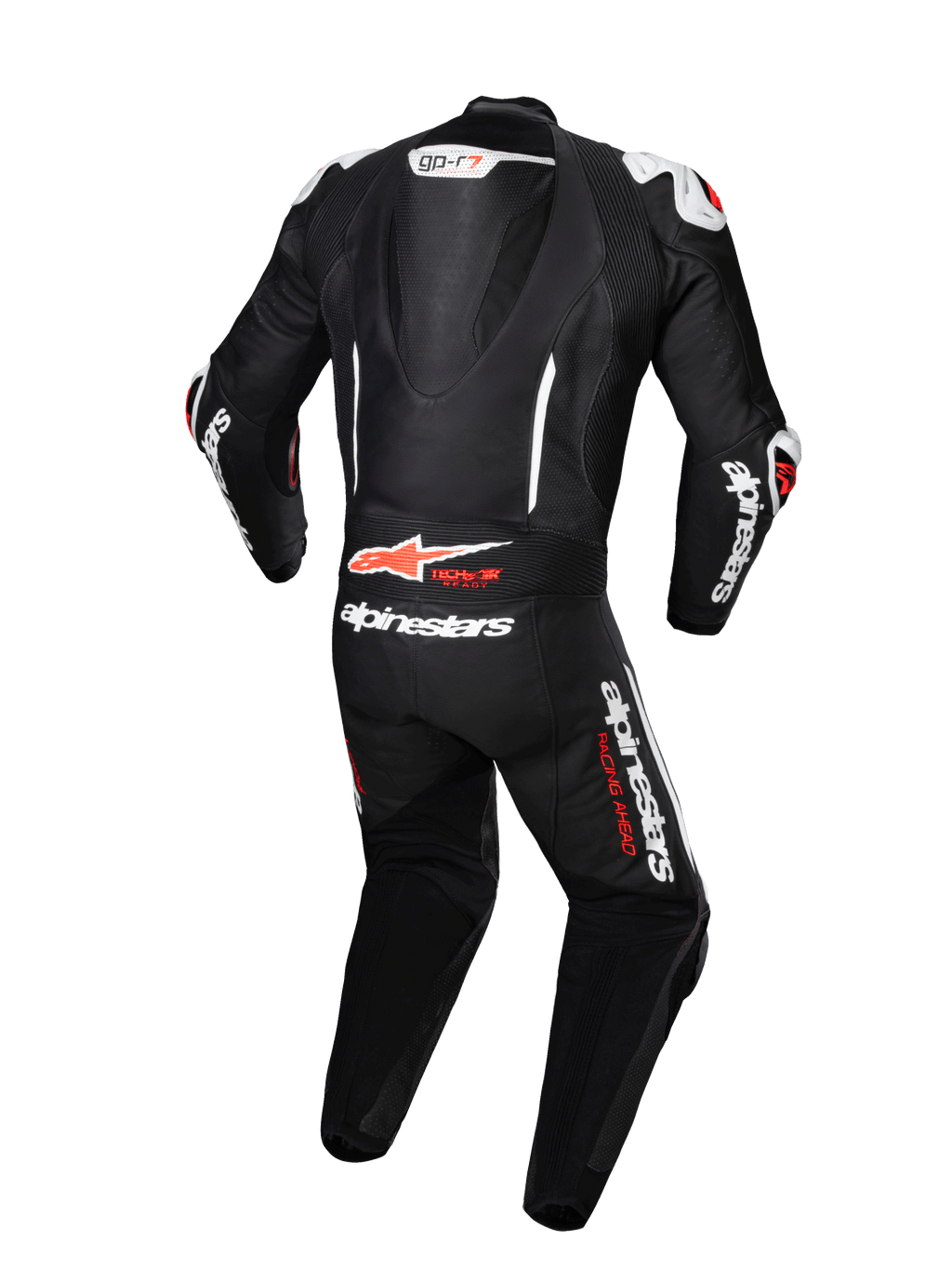 Alpinestars GP-R7 eendelig leren pak, motorracepak in zwart en wit, aerodynamische bult, Tech-Air® ready, achteraanzicht.