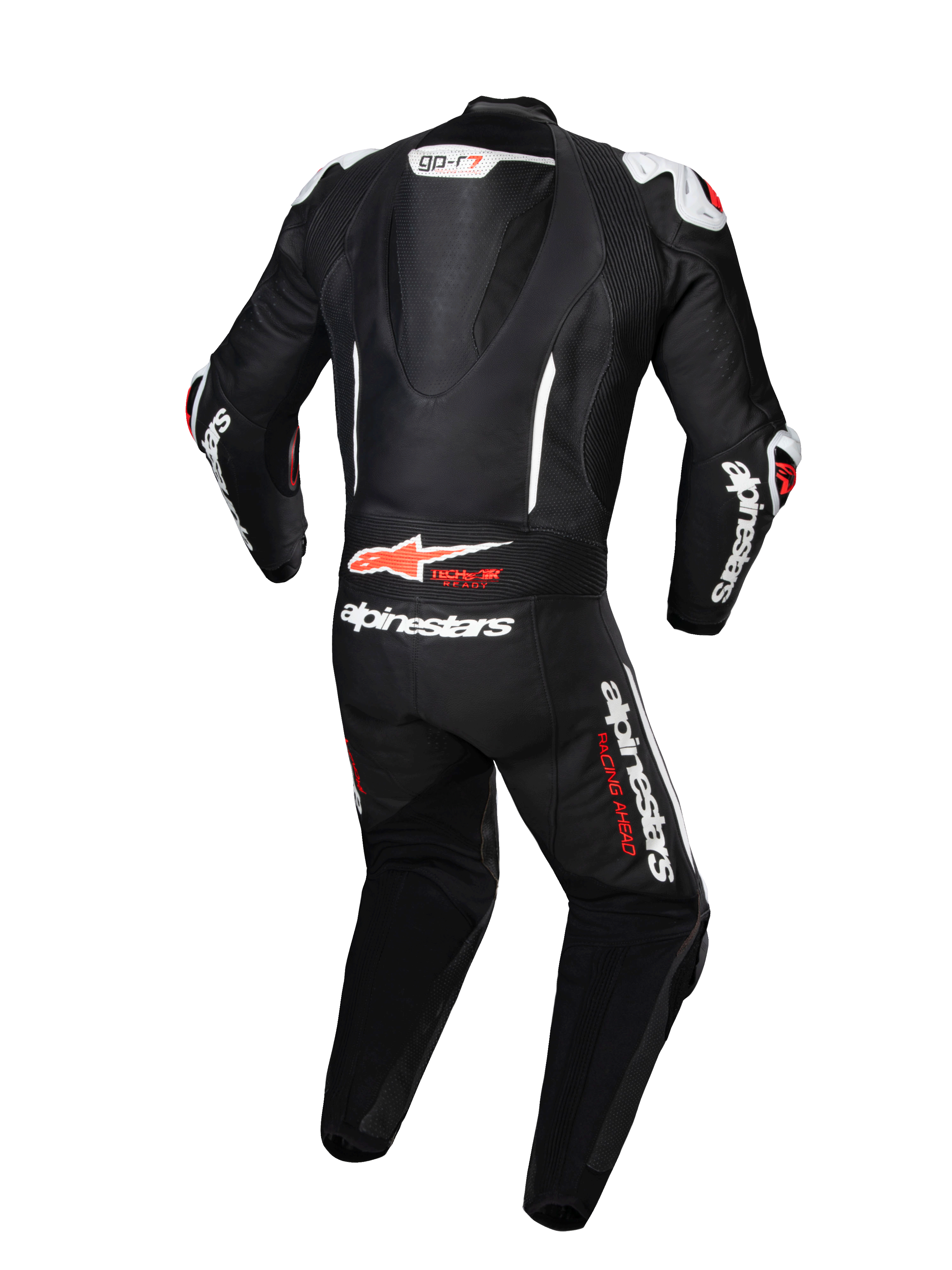 Alpinestars GP-R7 eendelig leren pak, motorracepak in zwart en wit, aerodynamische bult, Tech-Air® ready, achteraanzicht.