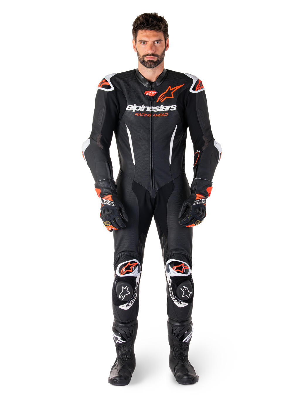 Alpinestars GP-R7 eendelig leren pak voor heren, motorrace-uitrusting in zwart en rood fluo, premium leer, CE-gecertificeerd.