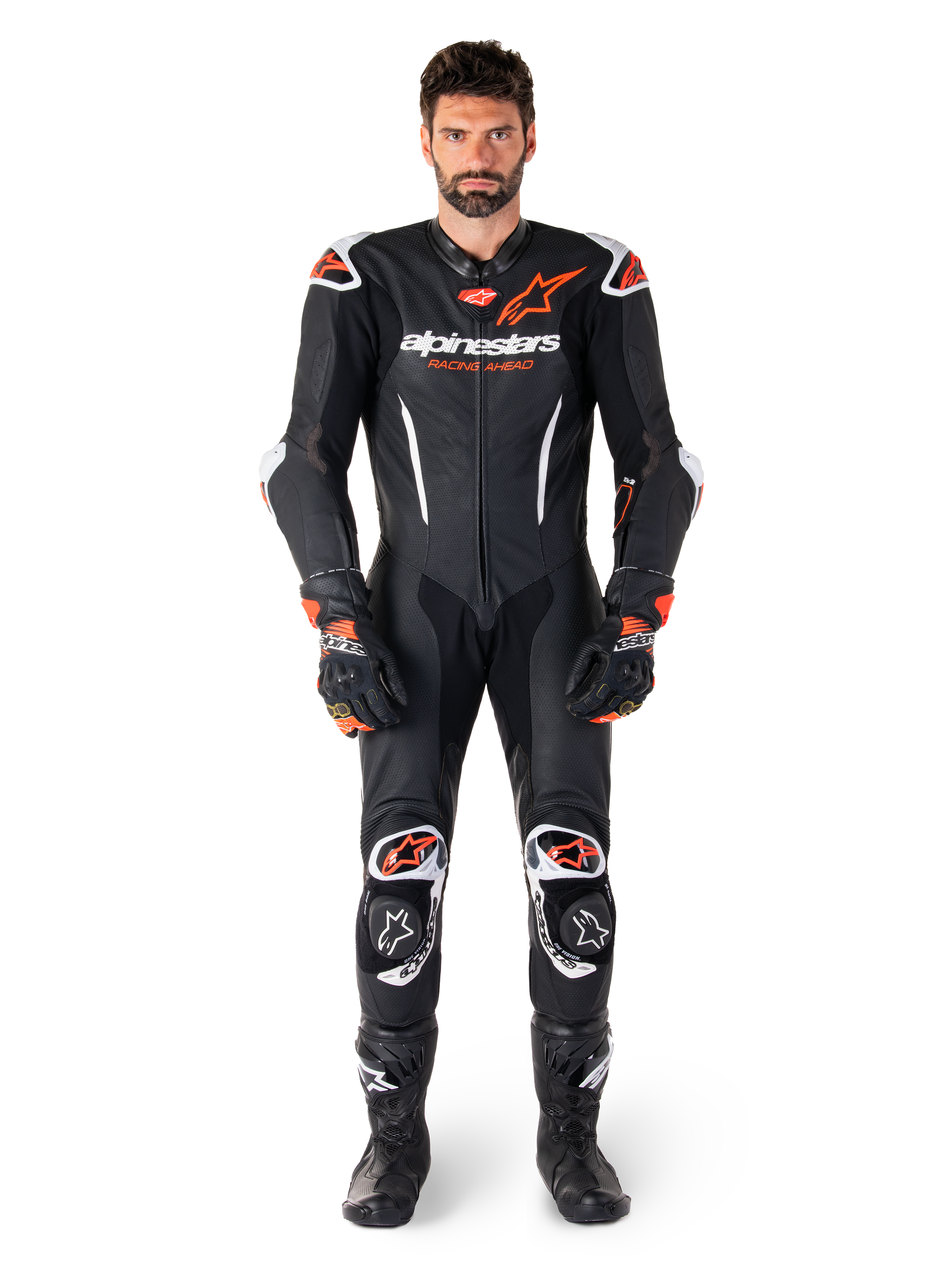 Alpinestars GP-R7 eendelig leren pak voor heren, motorrace-uitrusting in zwart en rood fluo, premium leer, CE-gecertificeerd.
