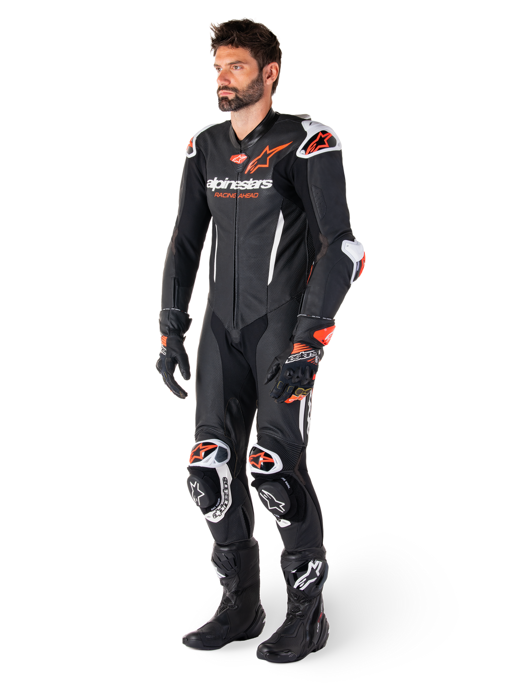 Alpinestars GP-R7 eendelig leren pak, zwart en rood fluo motorrace-uitrusting voor heren met geperforeerde constructie