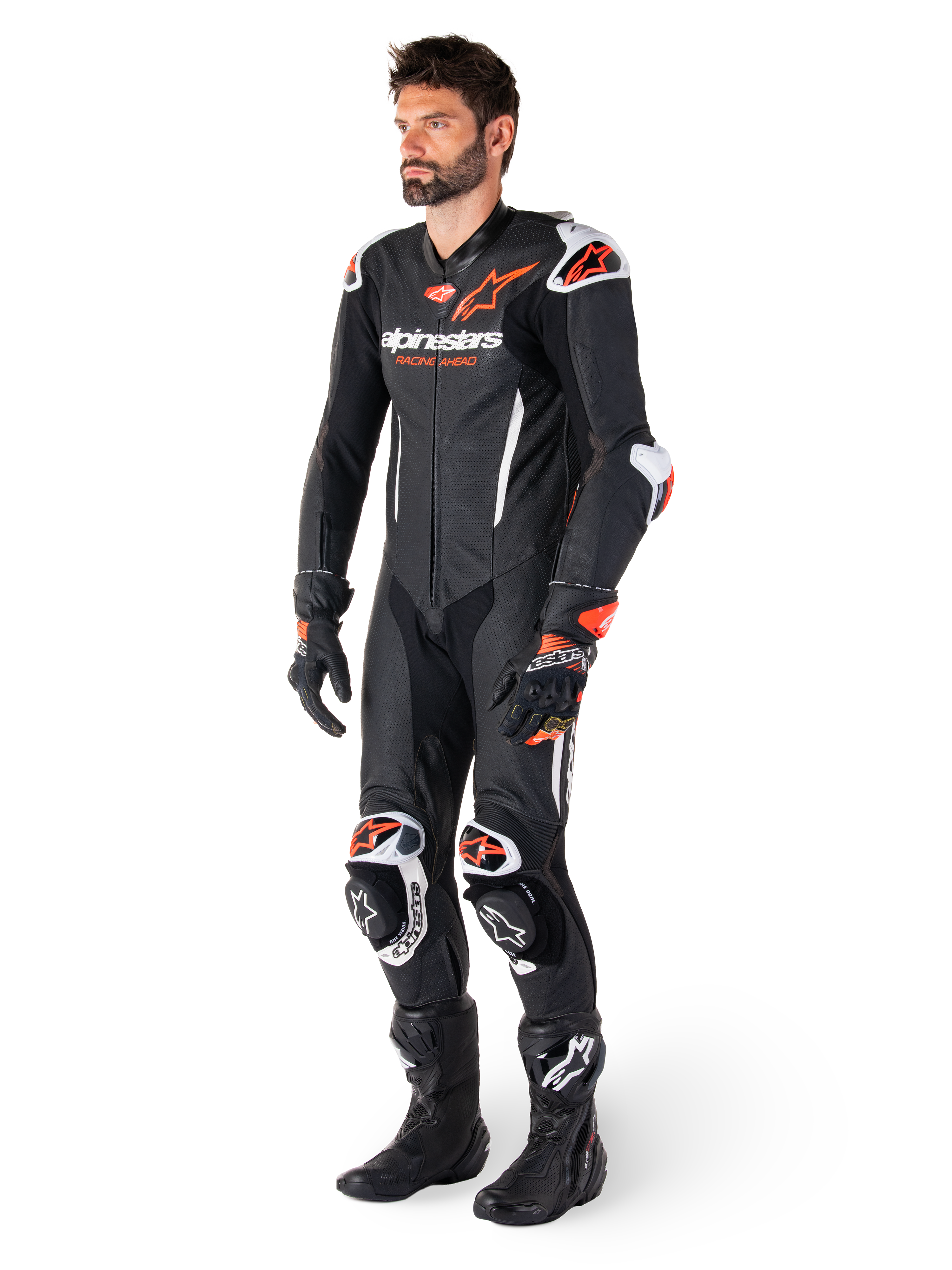 Alpinestars GP-R7 eendelig leren pak, zwart en rood fluo motorrace-uitrusting voor heren met geperforeerde constructie