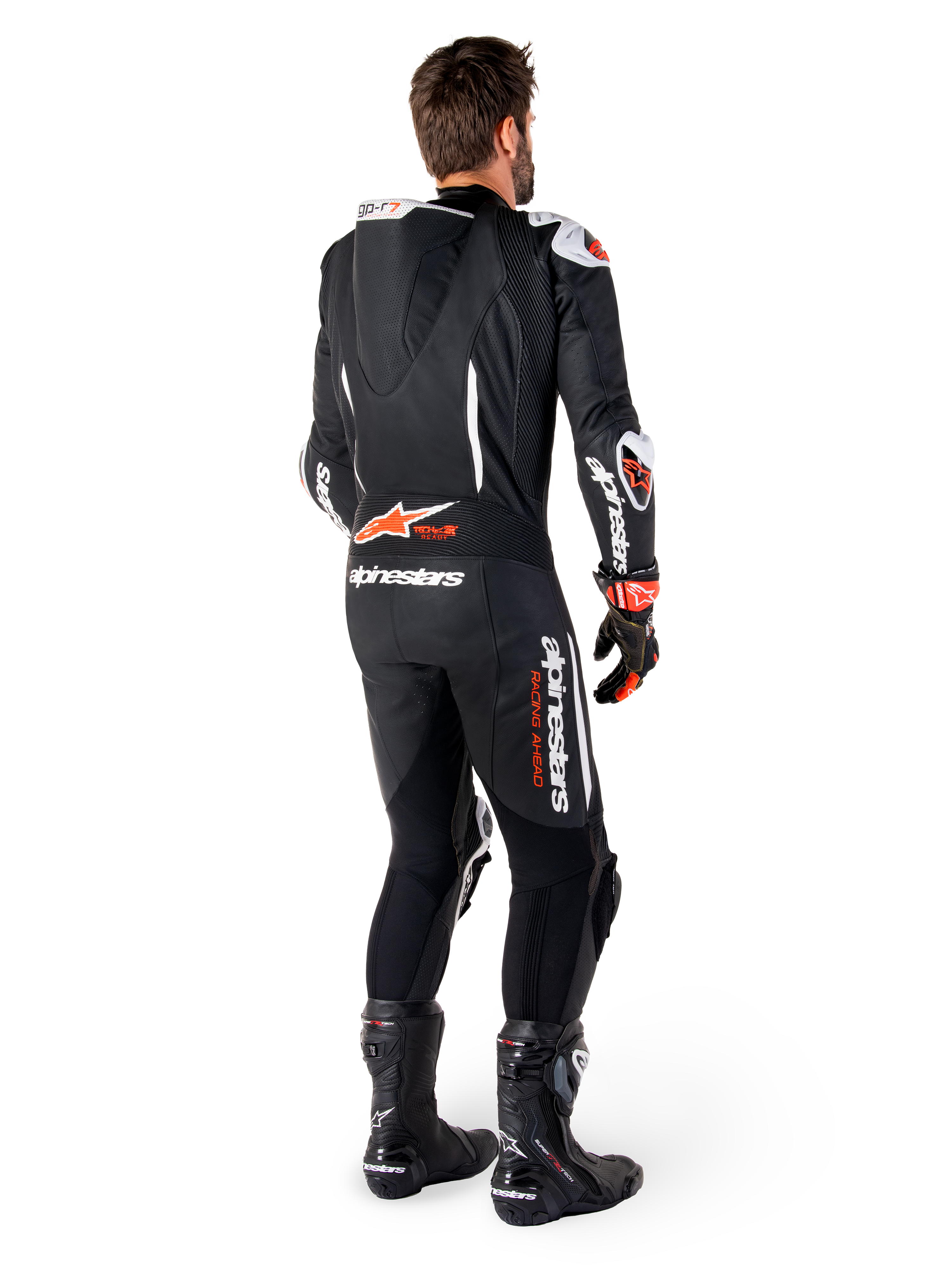 Alpinestars GP-R7 leren pak 1 stuk, heren racepak in zwart en rood fluo met aerodynamische bult en Tech-Air Ready-logo.