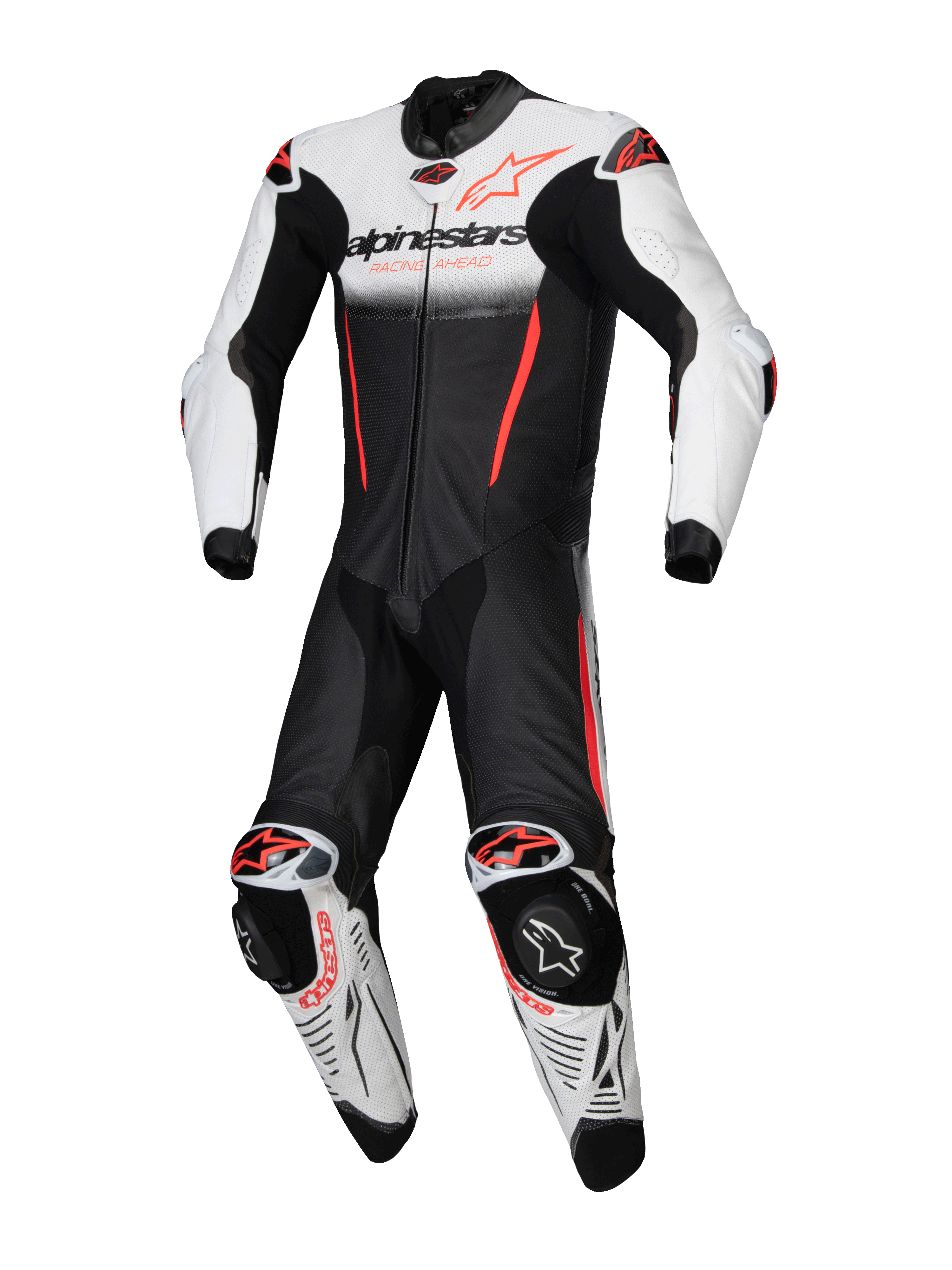 Alpinestars GP-R7 1-Piece Leather Suit, Racing Motorcycle Gear, White, Black, and Red Fluo Bovine Leather, Tech-Air Ready.
