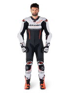 Alpinestars GP-R7 1-Piece Leather Suit in White, Black and Red Fluo, premium leather motorcycle racing gear for men.