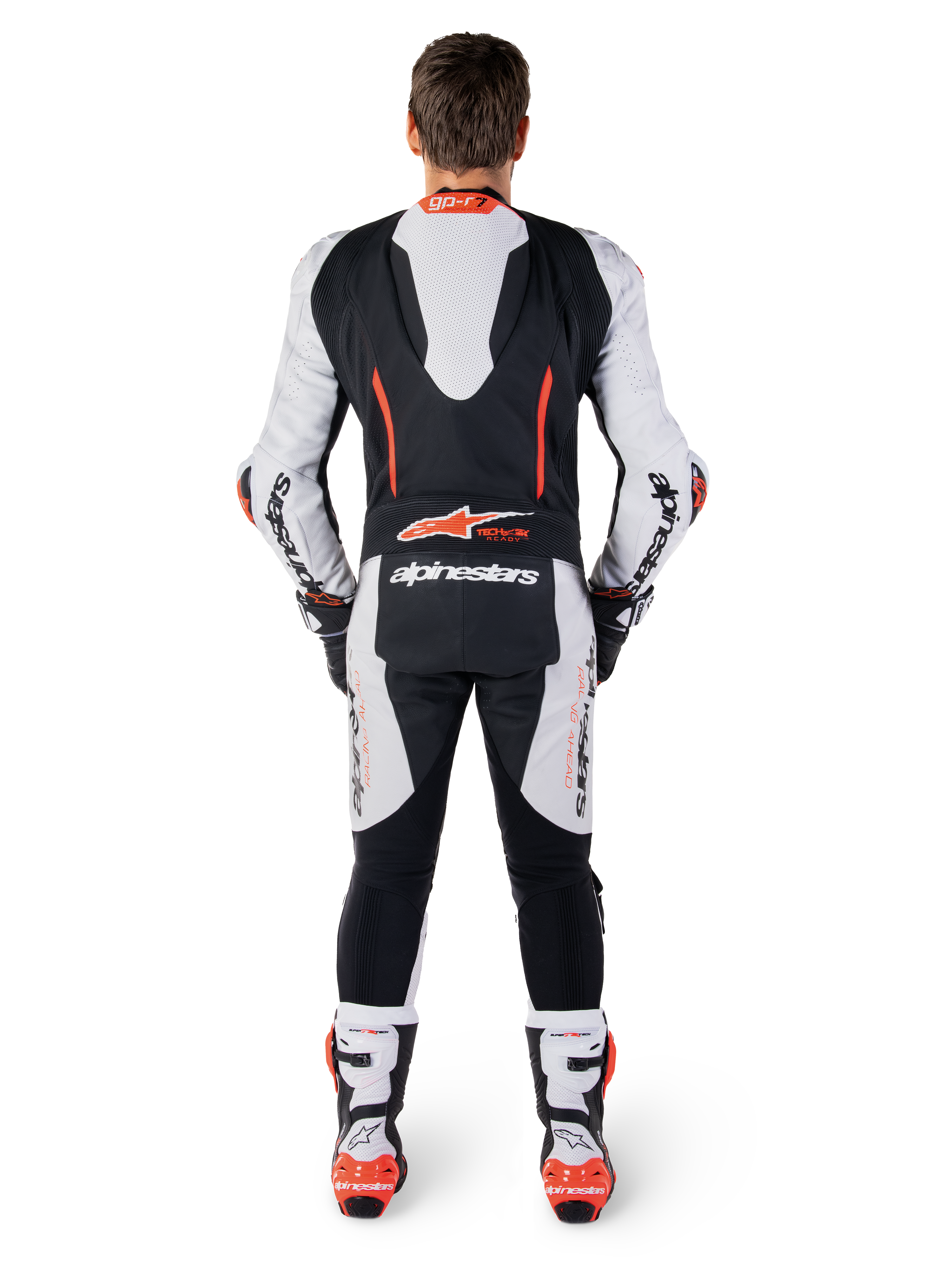 Alpinestars GP-R7 Leather Suit, White and Black one-piece motorcycle racing suit with aerodynamic hump and bovine leather.