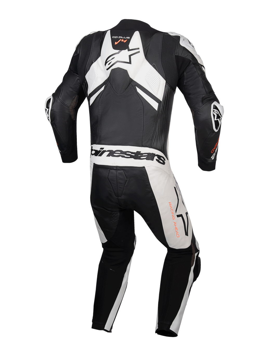Alpinestars GP Plus V4 Sprint eendelig heren motorracepak, zwart en wit leer met aerodynamische bult.