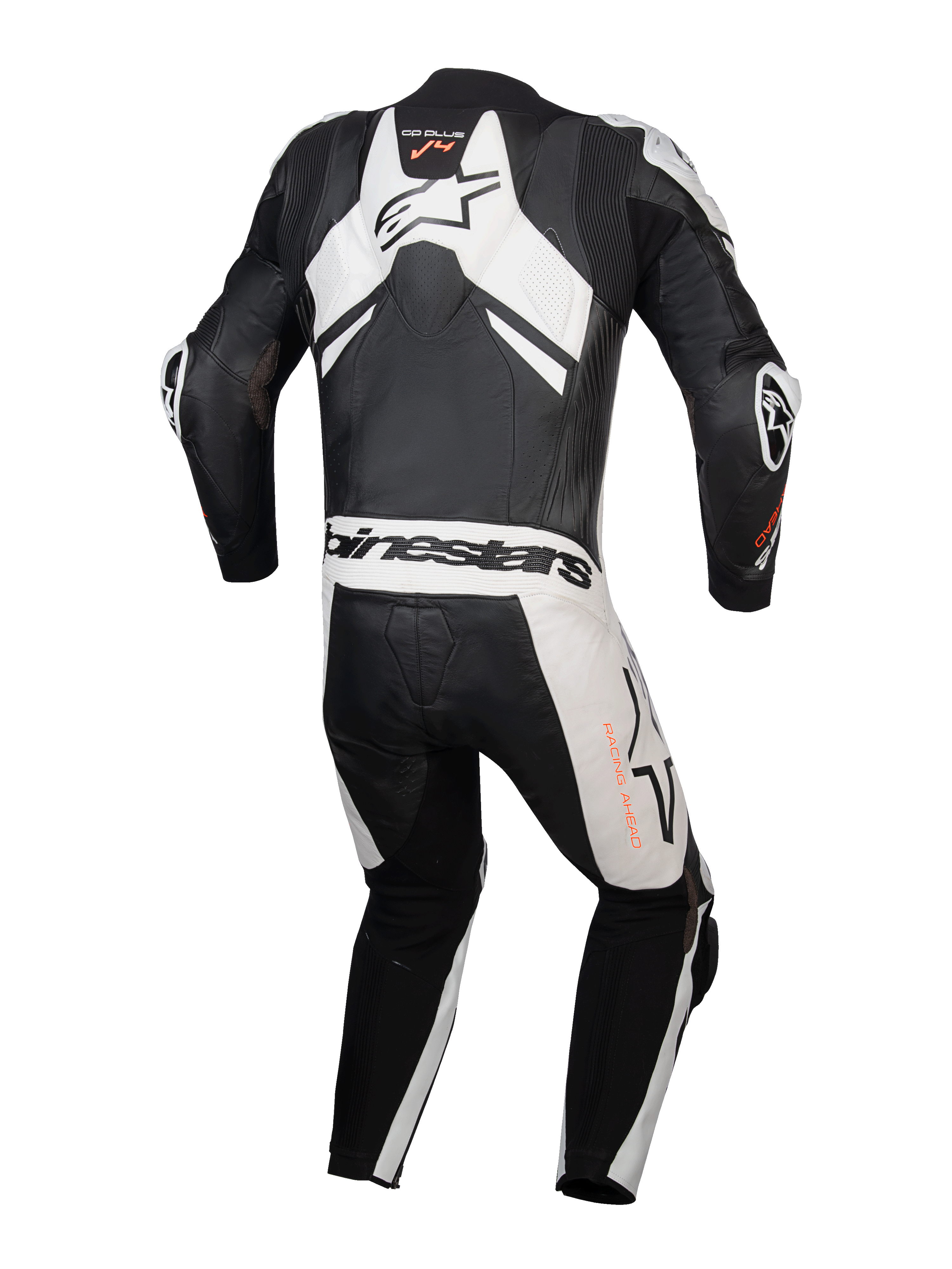 Alpinestars GP Plus V4 Sprint eendelig heren motorracepak, zwart en wit leer met aerodynamische bult.