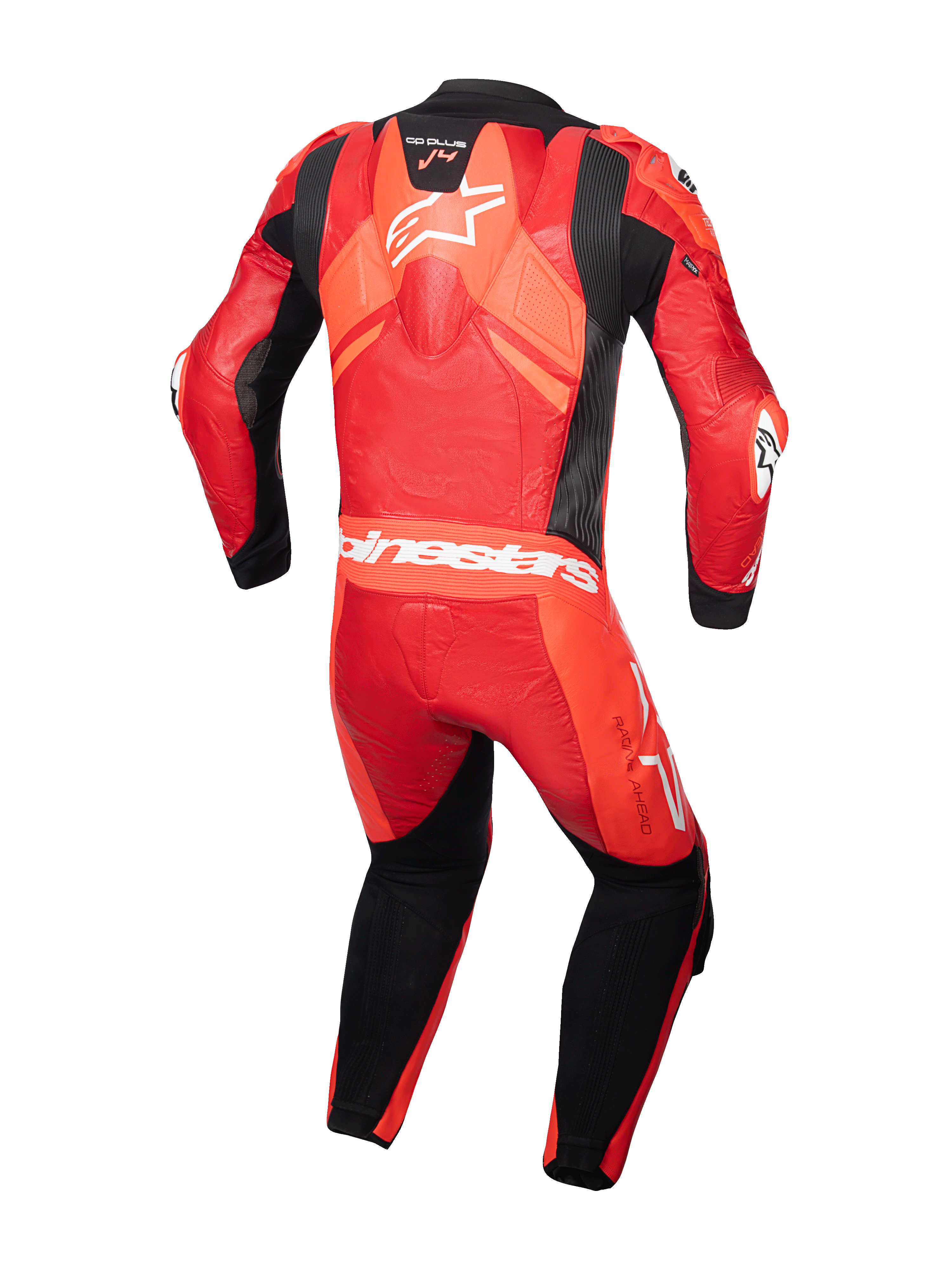 Alpinestars GP Plus V4 Sprint leren pak, eendelig heren motorracepak, rood fluo en zwart, met aerodynamische bult, premium leer, Tech-Air® ready en CE-gecertificeerd.