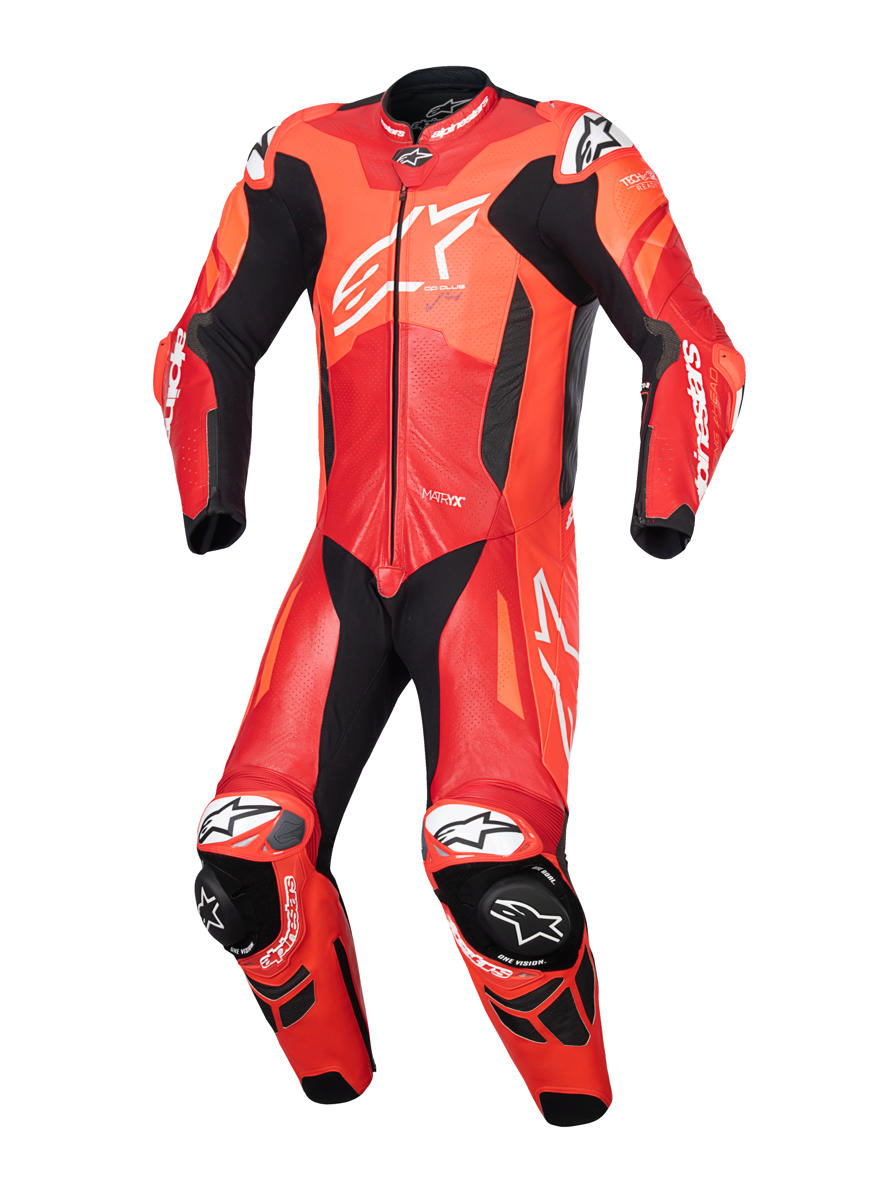 Alpinestars GP Plus V4 Sprint leren pak, eendelig motorracepak voor heren, rood fluo en wit, geperforeerd leer, Tech-Air® ready, CE-gecertificeerd AAA.