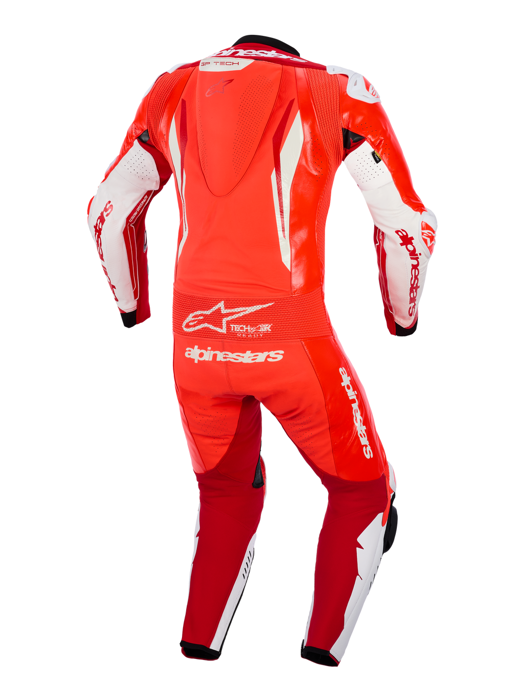 Alpinestars GP Tech V5 Eendelig Leren Pak, rood fluo, helder rood en wit, achteraanzicht met aerodynamische speedhump, flexibel accordeon-taillepaneel en prominente witte Alpinestars-branding, professionele racekleding voor circuitgebruik