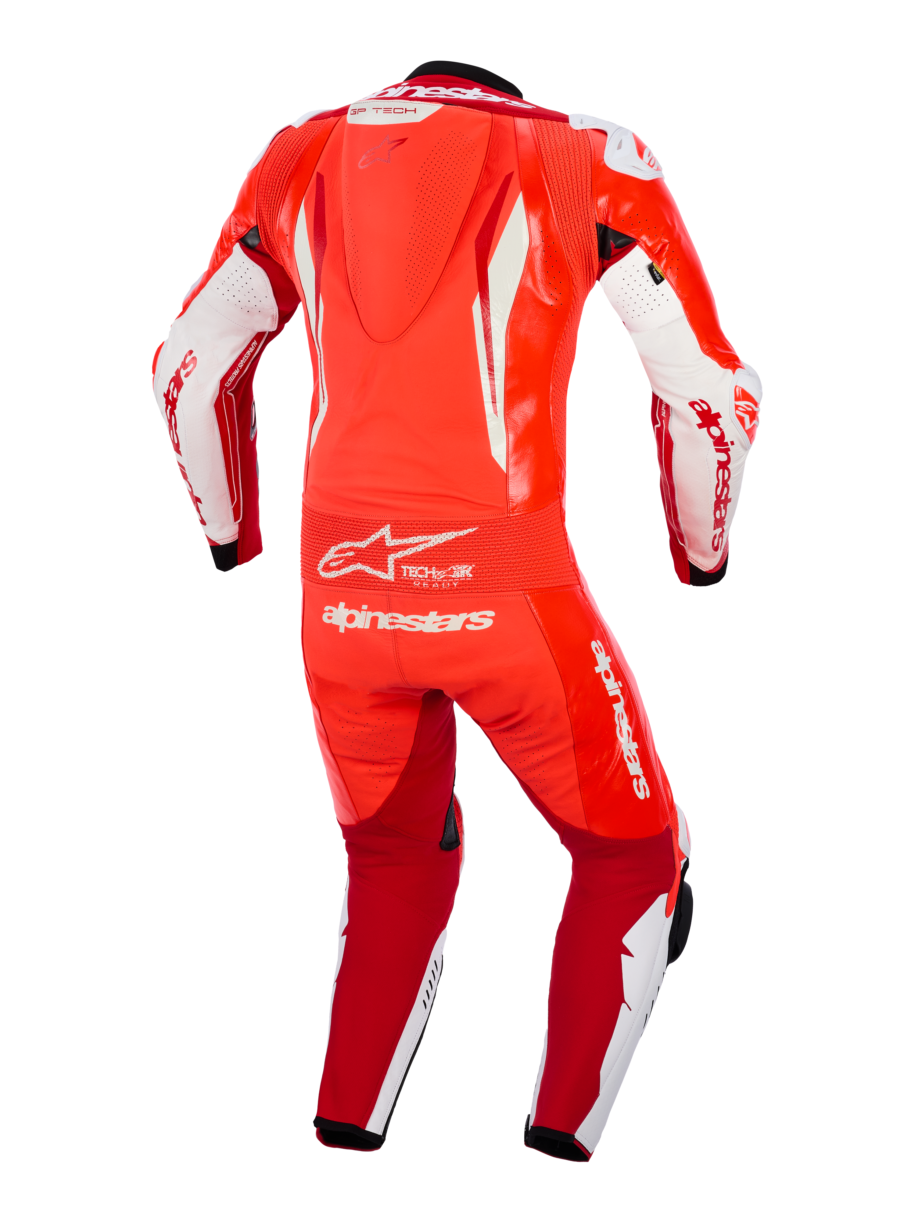Alpinestars GP Tech V5 Eendelig Leren Pak, rood fluo, helder rood en wit, achteraanzicht met aerodynamische speedhump, flexibel accordeon-taillepaneel en prominente witte Alpinestars-branding, professionele racekleding voor circuitgebruik