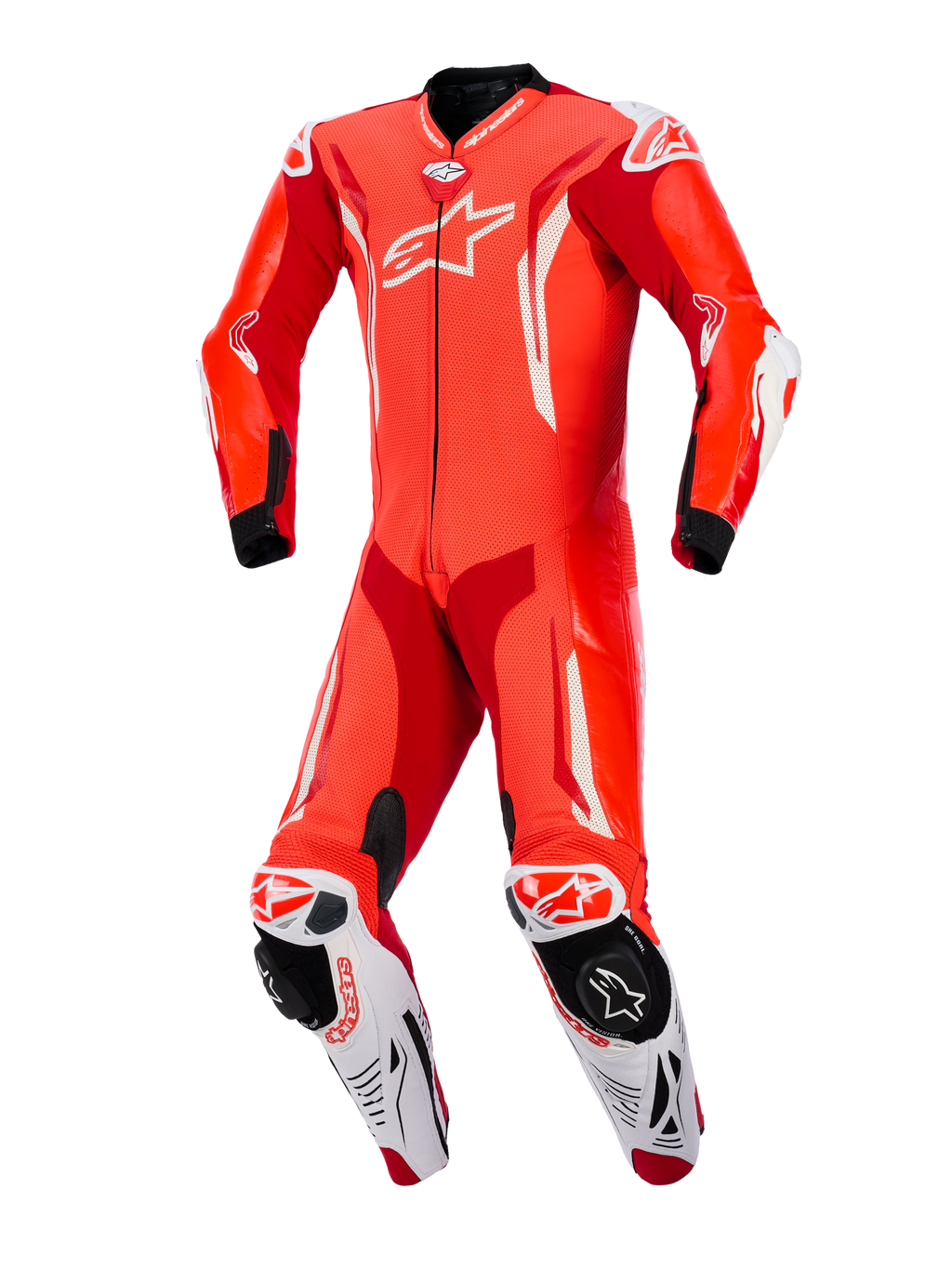 Alpinestars GP Tech V5 eendelig leren motorpak, fluo rood, helderrood en wit, vooraanzicht, professioneel racepak met geperforeerd leer, witte aerodynamische accenten en geïntegreerde kneesliders