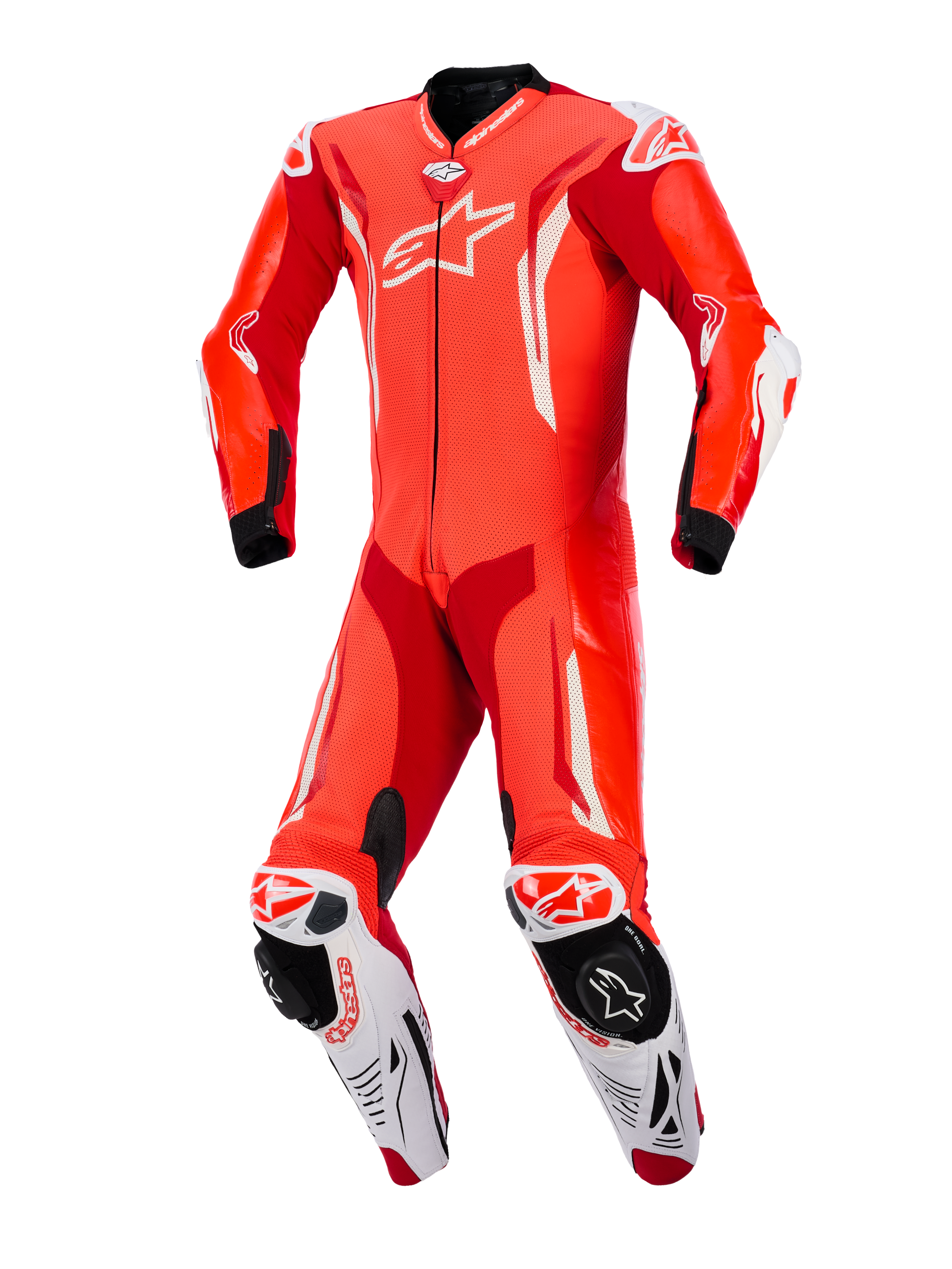 Alpinestars GP Tech V5 eendelig leren motorpak, fluo rood, helderrood en wit, vooraanzicht, professioneel racepak met geperforeerd leer, witte aerodynamische accenten en geïntegreerde kneesliders