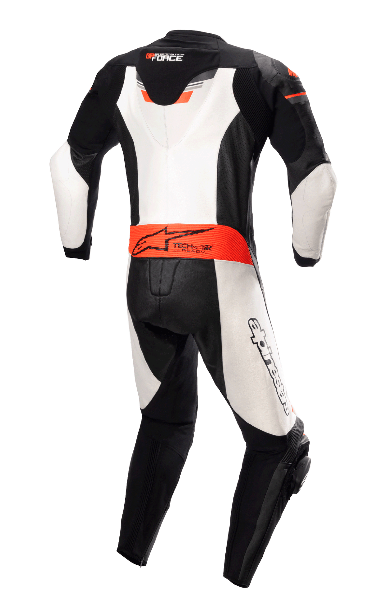 Alpinestars GP Force Chaser eendelig leren pak, achteraanzicht, zwart, wit en fluorood, met een aerodynamische rugbult, Tech-Air Ready-logo op de taille en witte leren panelen, professioneel rundleren motorracepak