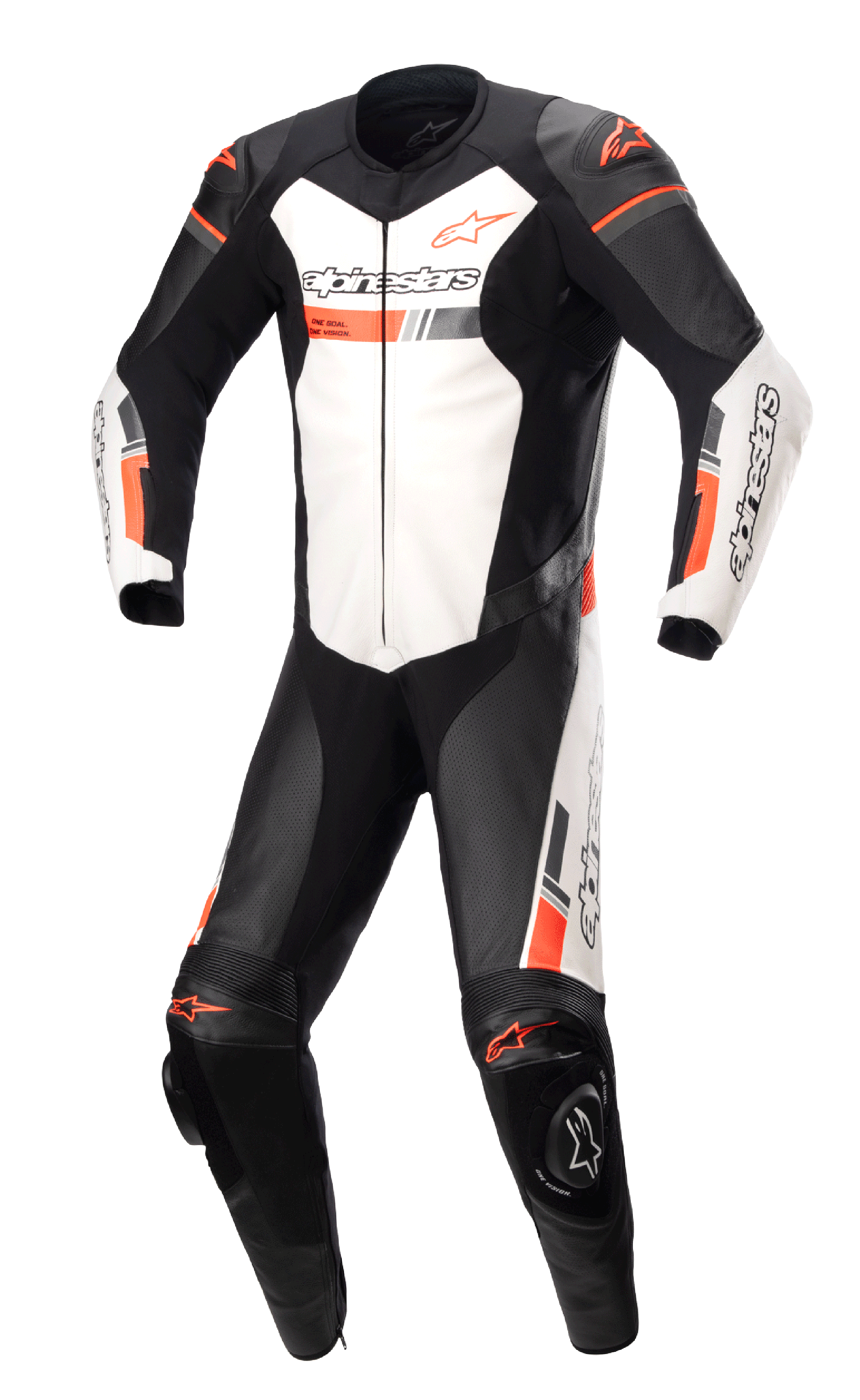 Alpinestars GP Force Chaser eendelig leren pak, professioneel motorracepak, zwart en wit met fluorescerend rode accenten, geperforeerde leren panelen, externe schouder- en kniebeschermers, rundleer constructie