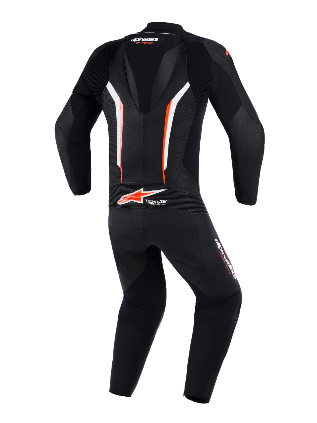 Alpinestars GP Force V2 Leren Pak 1-Piece, achteraanzicht, zwart, wit en fluo rood, met een aerodynamische speedhump, geperforeerde leren panelen voor ventilatie en Tech-Air Ready-branding op de onderrug, professionele motorrace-uitrusting