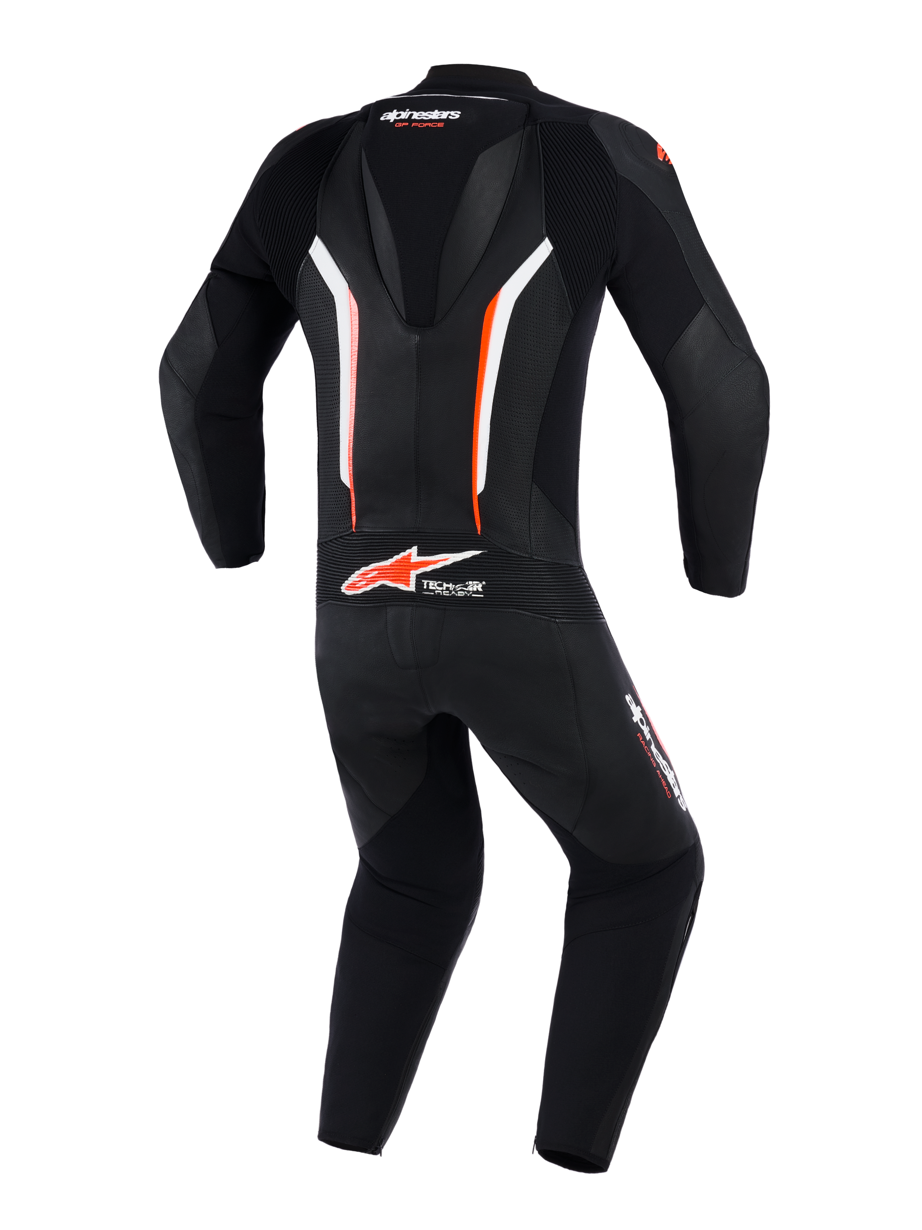 Alpinestars GP Force V2 Leren Pak 1-Piece, achteraanzicht, zwart, wit en fluo rood, met een aerodynamische speedhump, geperforeerde leren panelen voor ventilatie en Tech-Air Ready-branding op de onderrug, professionele motorrace-uitrusting