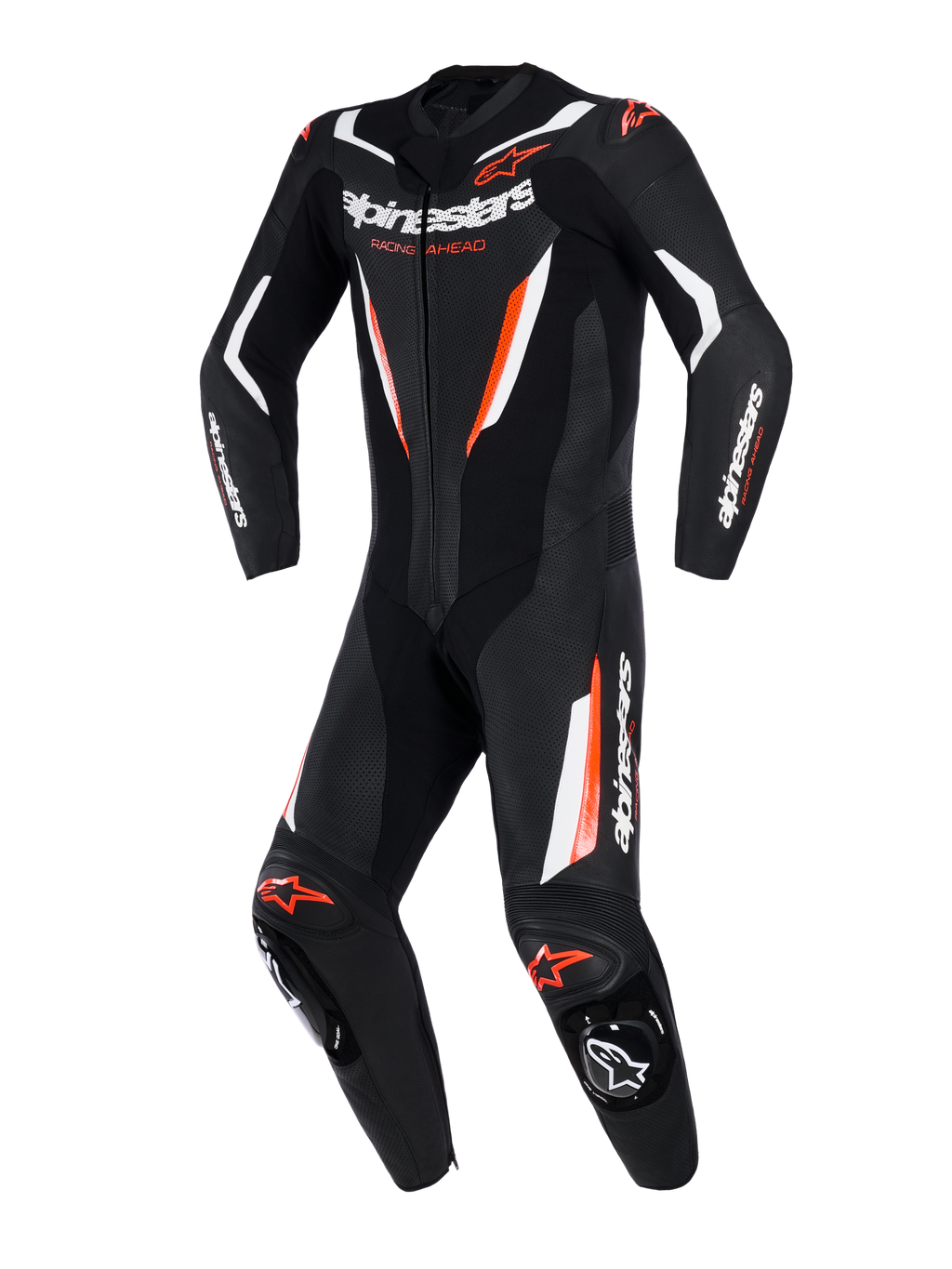 Alpinestars GP Force V2 eendelig lederen pak, motorracepak, zwart wit en rood fluo, met geperforeerde lederen panelen, witte en fluorescerende rode accenten, Alpinestars-logo op borst en mouwen, professioneel circuitklaar ontwerp