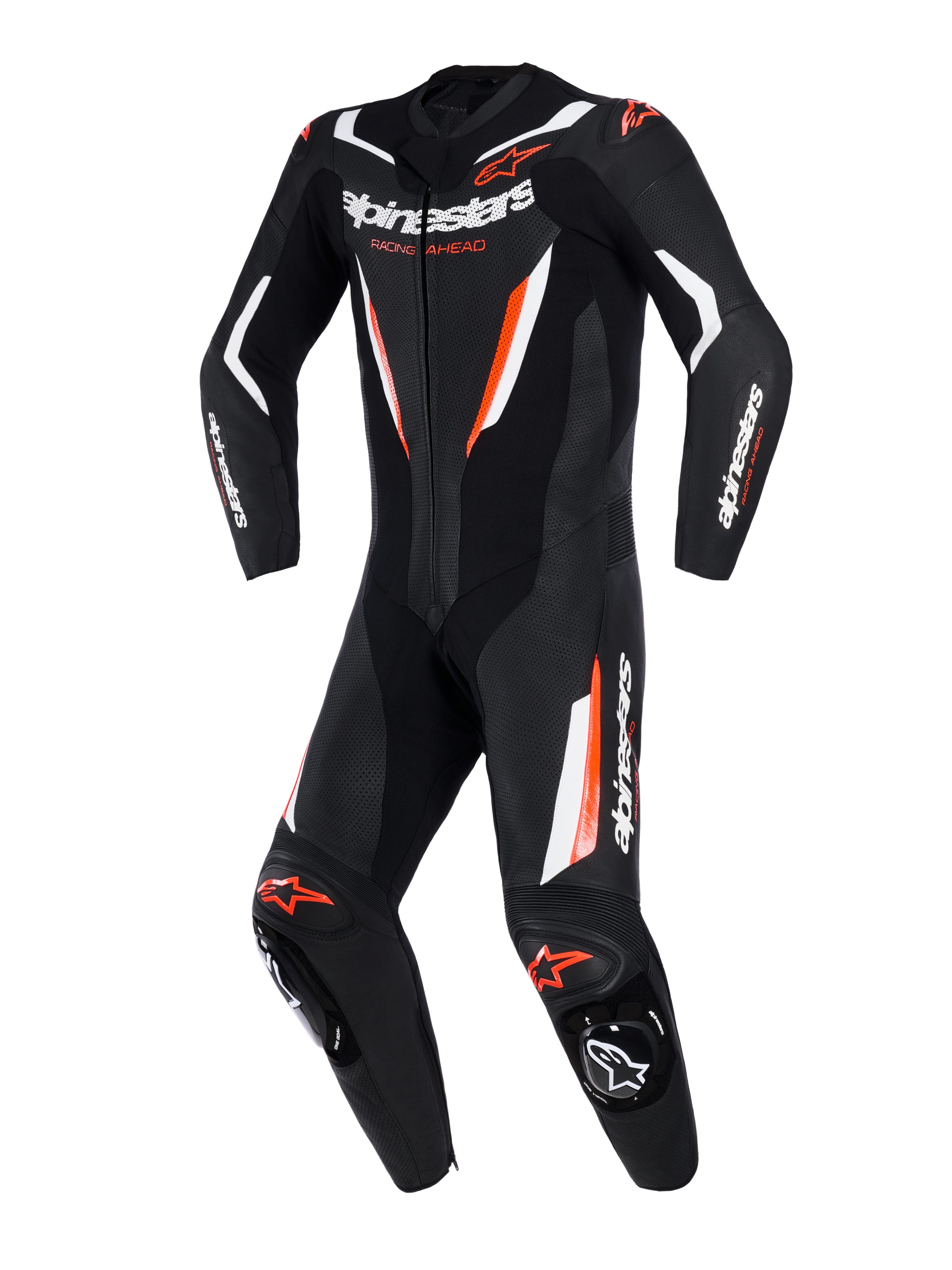 Alpinestars GP Force V2 eendelig lederen pak, motorracepak, zwart wit en rood fluo, met geperforeerde lederen panelen, witte en fluorescerende rode accenten, Alpinestars-logo op borst en mouwen, professioneel circuitklaar ontwerp