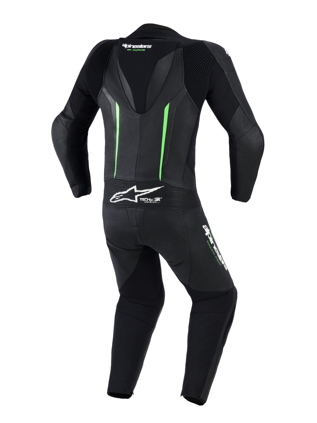 Alpinestars GP Force V2 Leren Pak - 1-delig, achteraanzicht, zwart met fluorescerend groene accenten, voorzien van een aerodynamische speed hump, geperforeerde leren panelen, accordeon stretchzones en Tech-Air Ready branding, professionele motorrace-uitrusting