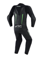 Alpinestars GP Force V2 Leren Pak - 1-delig, achteraanzicht, zwart met fluorescerend groene accenten, voorzien van een aerodynamische speed hump, geperforeerde leren panelen, accordeon stretchzones en Tech-Air Ready branding, professionele motorrace-uitrusting