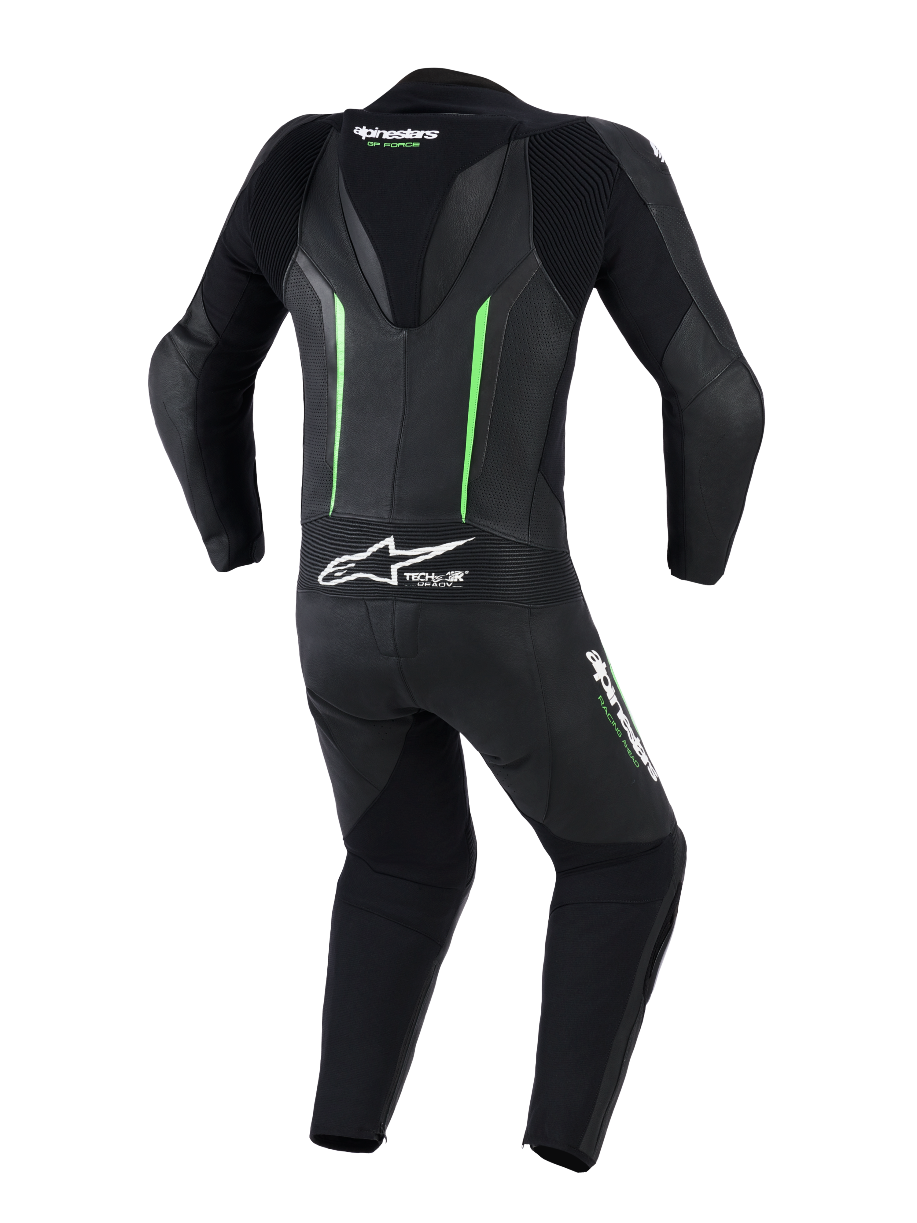Alpinestars GP Force V2 Leren Pak - 1-delig, achteraanzicht, zwart met fluorescerend groene accenten, voorzien van een aerodynamische speed hump, geperforeerde leren panelen, accordeon stretchzones en Tech-Air Ready branding, professionele motorrace-uitrusting