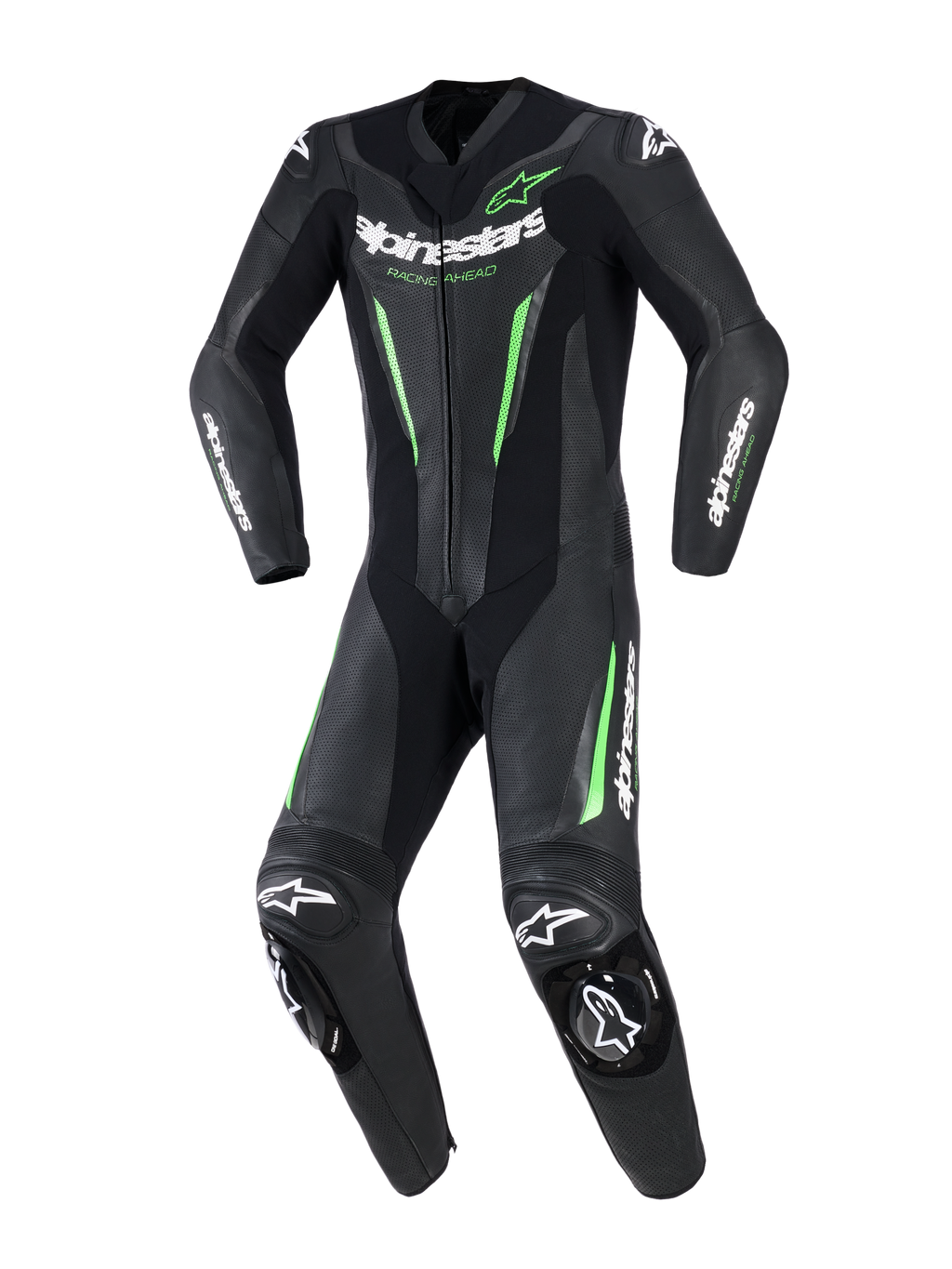 Alpinestars GP Force V2 Leren Pak - 1-delig, eendelig motorracepak, zwart met neongroene accenten en witte merklogo's, geperforeerde leren panelen, DFS Lite externe sliders op schouders en knieën, specifiek sport-fit ontwerp