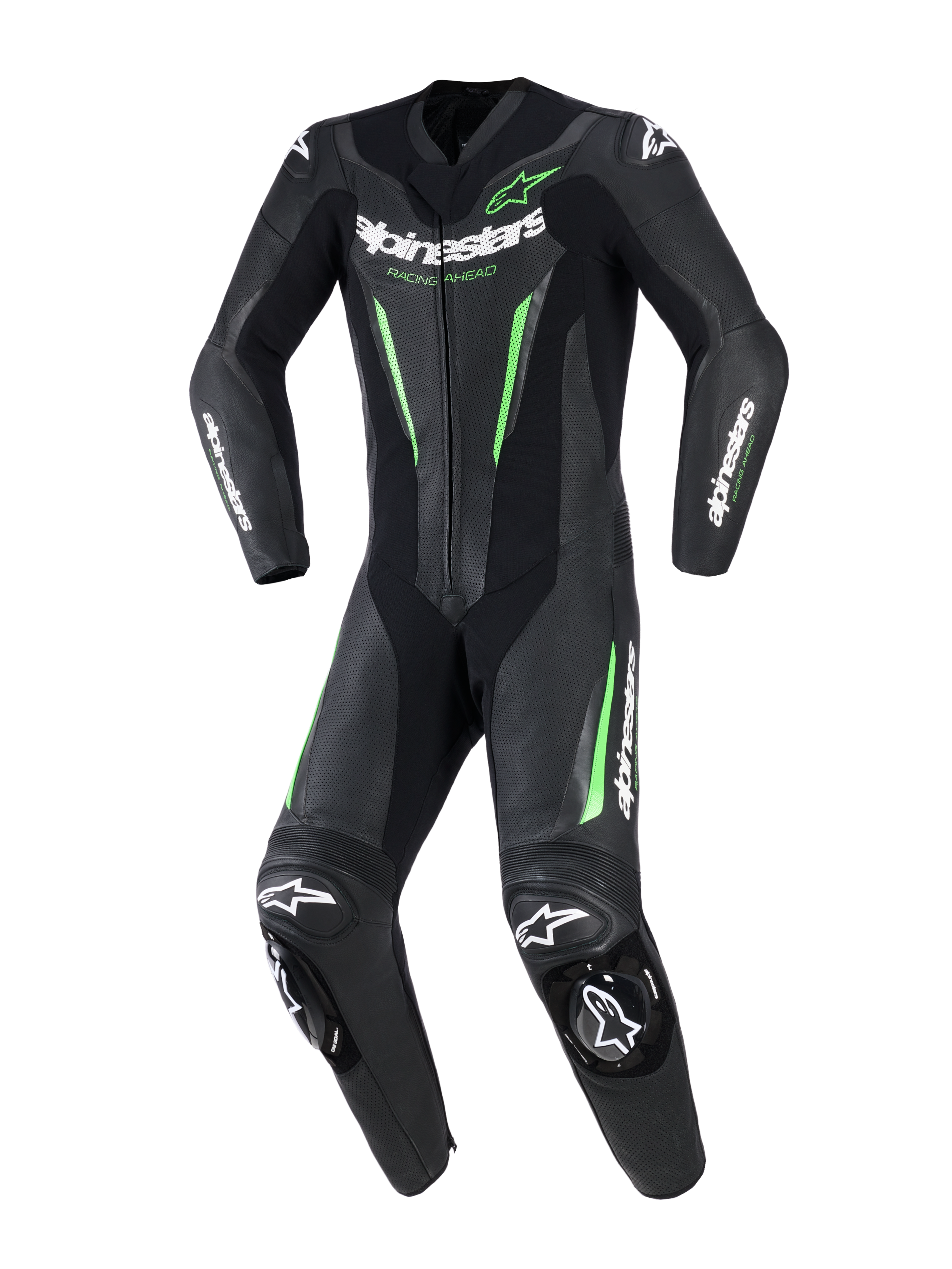 Alpinestars GP Force V2 Leren Pak - 1-delig, eendelig motorracepak, zwart met neongroene accenten en witte merklogo's, geperforeerde leren panelen, DFS Lite externe sliders op schouders en knieën, specifiek sport-fit ontwerp