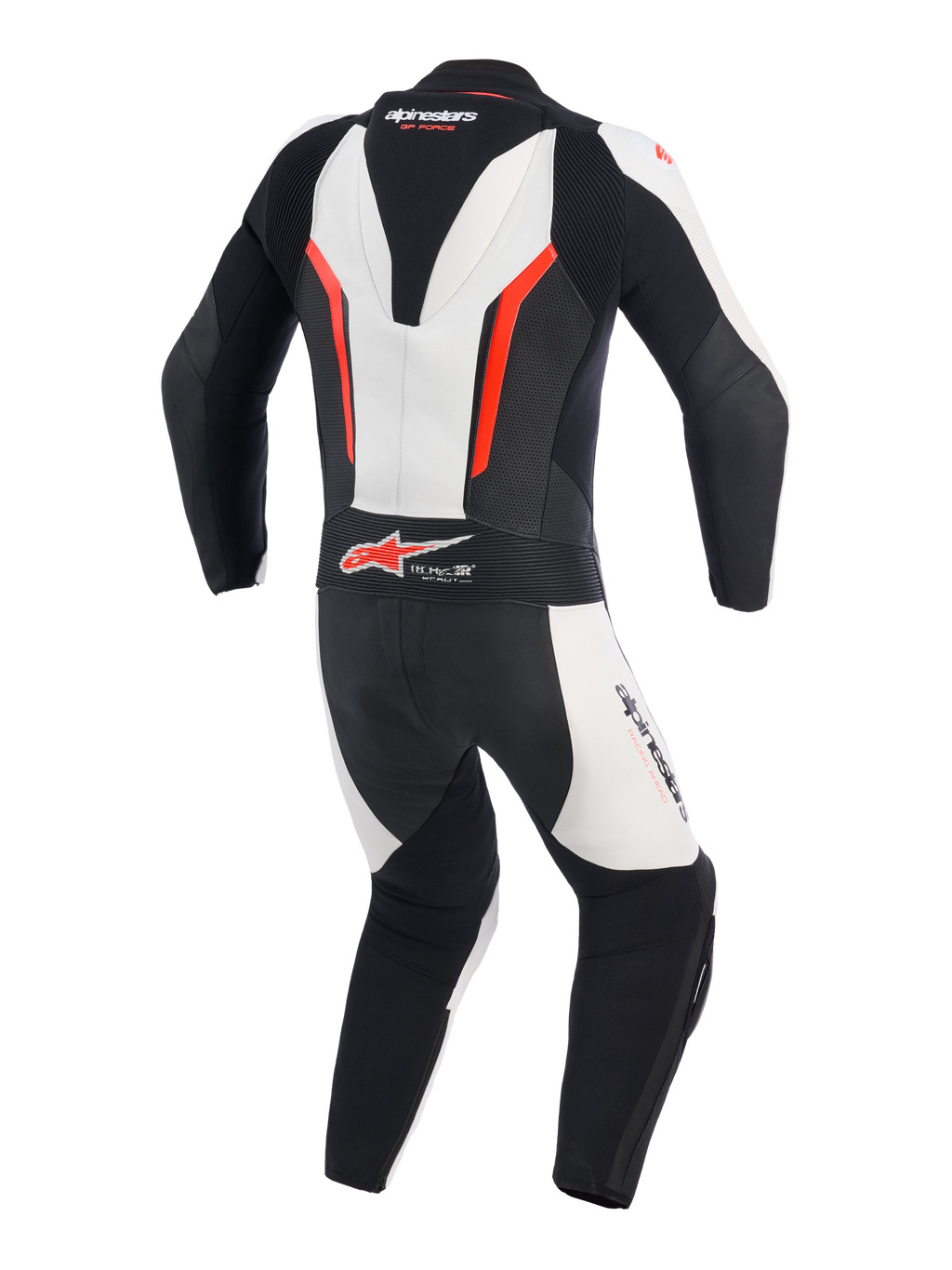 Alpinestars GP Force V2 Leren Pak - 1-delig, wit, zwart en fluo rood, achteraanzicht met aerodynamische speed hump, accordeon lederen stretchpanelen bij de schouders en onderrug, geperforeerde zones voor ventilatie en Tech-Air Ready-logo, professioneel racepak voor circuitprestaties