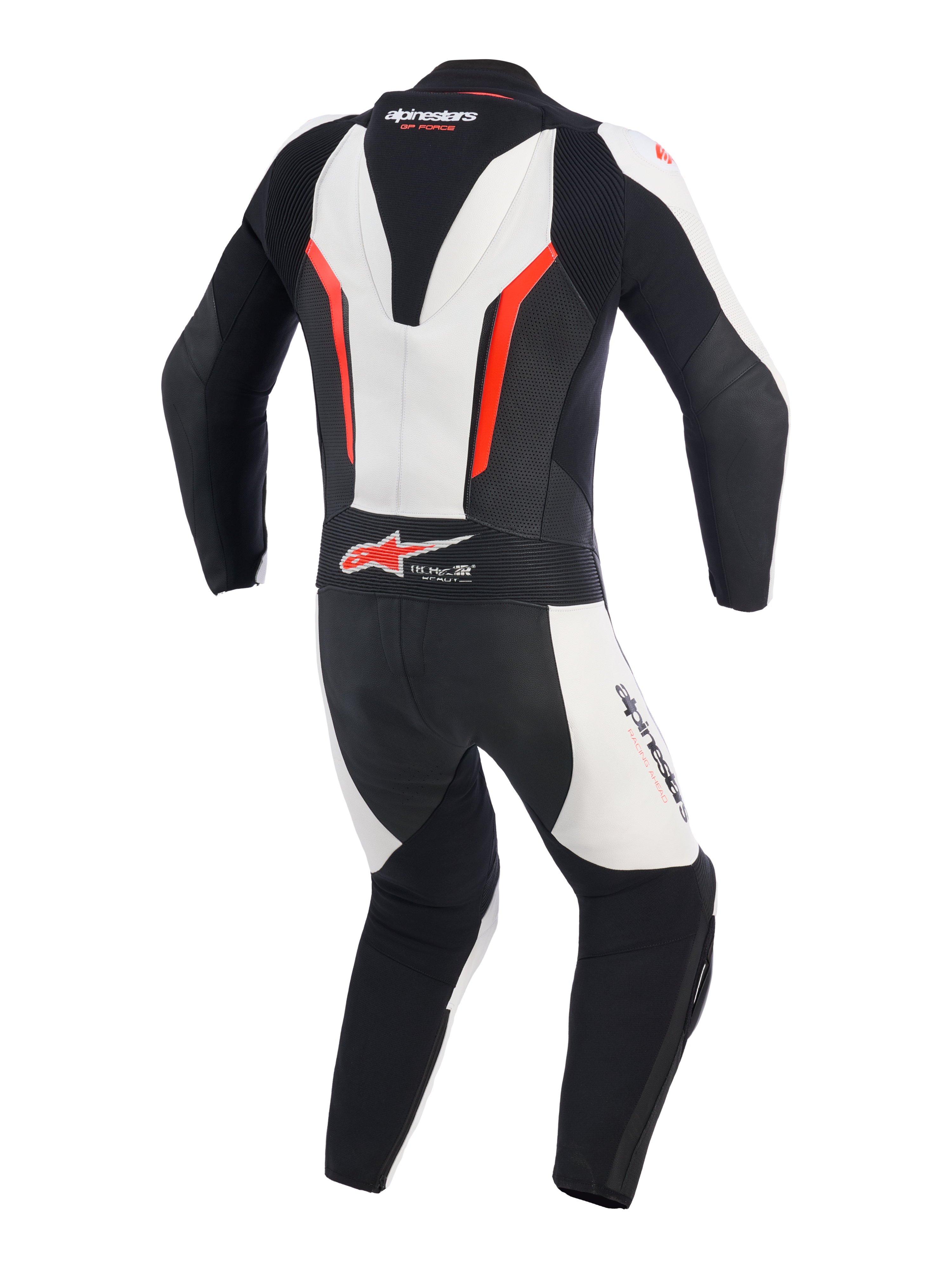 Alpinestars GP Force V2 Leren Pak - 1-delig, wit, zwart en fluo rood, achteraanzicht met aerodynamische speed hump, accordeon lederen stretchpanelen bij de schouders en onderrug, geperforeerde zones voor ventilatie en Tech-Air Ready-logo, professioneel racepak voor circuitprestaties