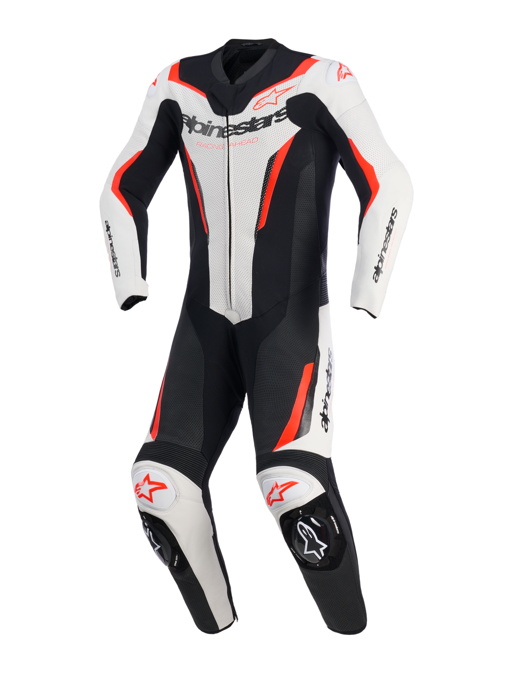 Alpinestars GP Force V2 Leren Pak - 1-delig, wit, zwart en fluo rood, eendelig motorracepak, vooraanzicht, voorzien van geperforeerde leren panelen, Alpinestars-logo op de borst en schouders, en geïntegreerde kniesliders.