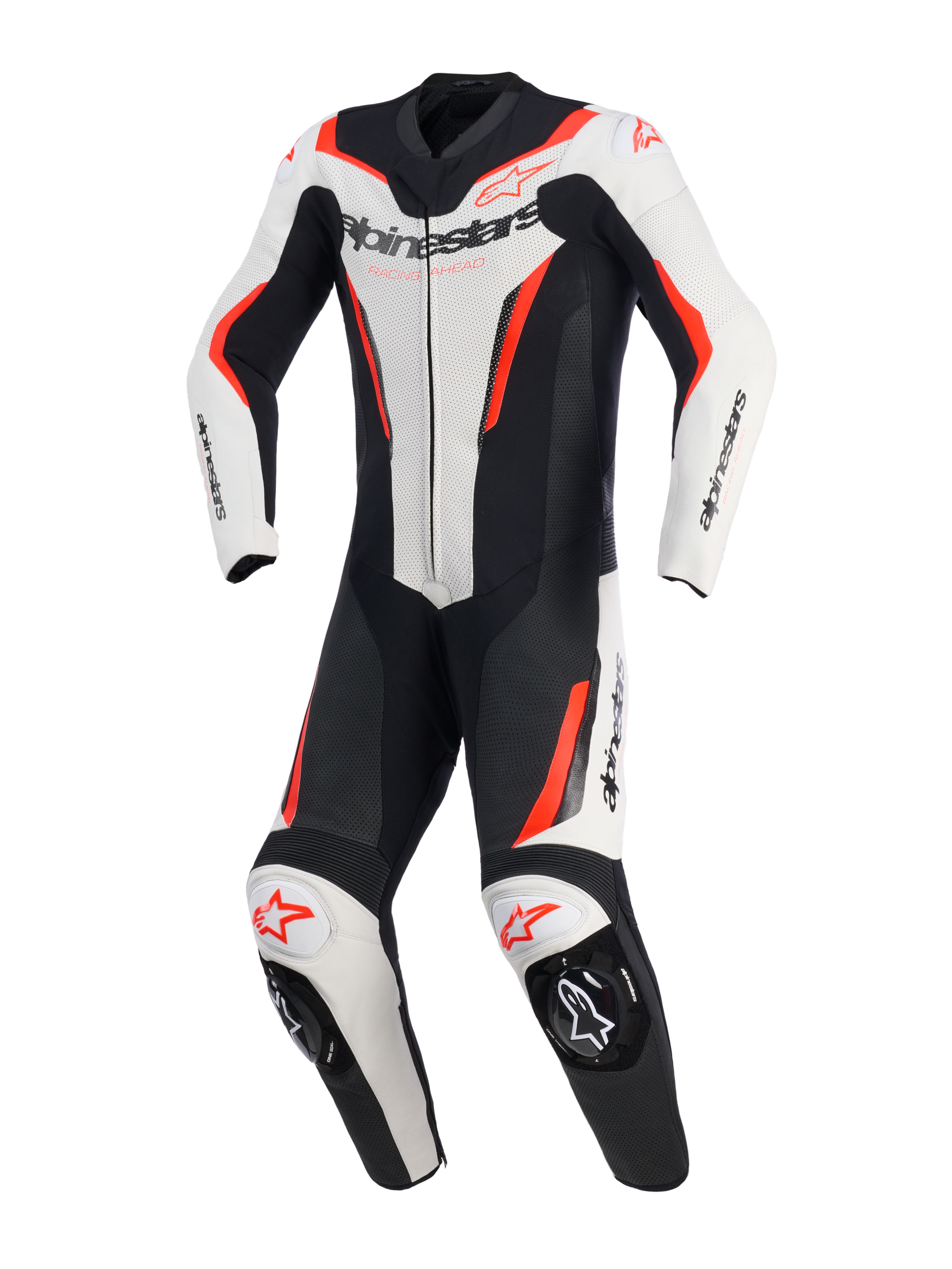 Alpinestars GP Force V2 Leren Pak - 1-delig, wit, zwart en fluo rood, eendelig motorracepak, vooraanzicht, voorzien van geperforeerde leren panelen, Alpinestars-logo op de borst en schouders, en geïntegreerde kniesliders.