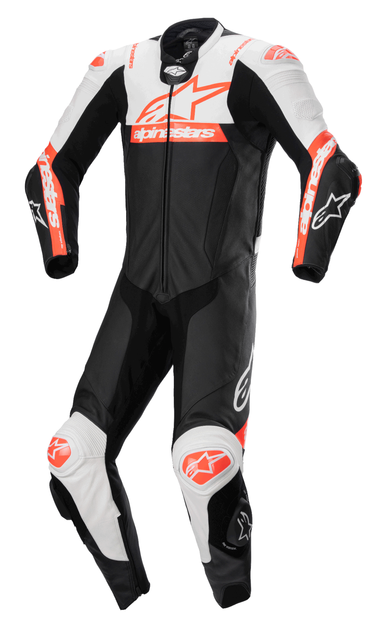 Alpinestars Missile V2 Ward 1-Piece Leather Suit, Motorcycle Racing Suit, Black with White and Red Fluo accents, aerodynamic design with front zipper and knee sliders, premium leather construction