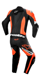 Alpinestars Missile V2 Ward 1-Piece Leather Suit, rear view, Black and Red Fluo with White accents, featuring a streamlined speed hump, accordion stretch panels on the lower back and knees, 'Tech-Air Ready' logo, and prominent Alpinestars branding for professional track racing.