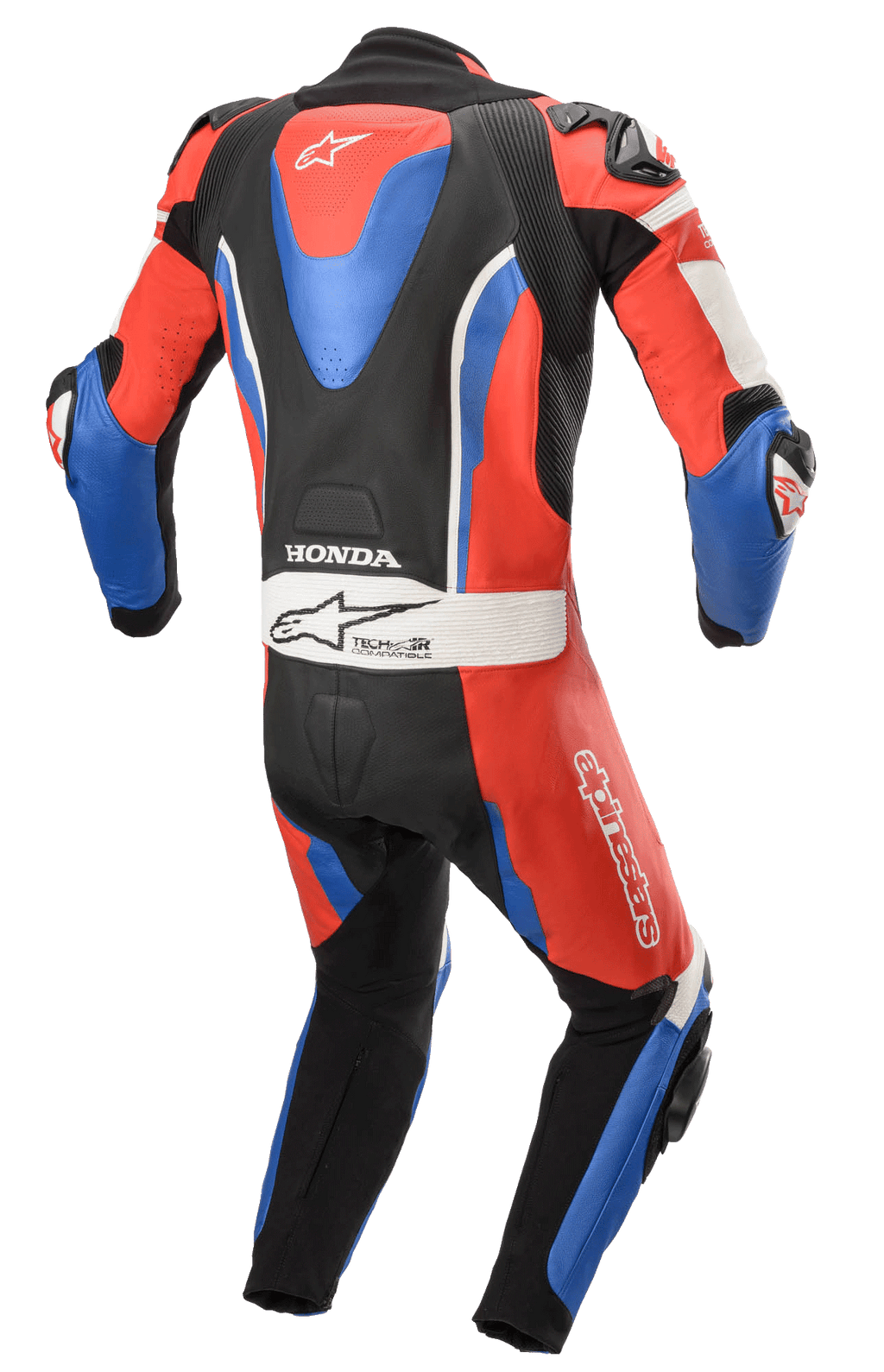 Alpinestars Honda GP Pro V2 eendelig leren pak, motorracepak, zwart rood en blauw, achteraanzicht met aerodynamische bult, Honda- en Tech-Air-logo's, accordeon stretchpanelen voor bewegingsvrijheid, professionele circuituitrusting