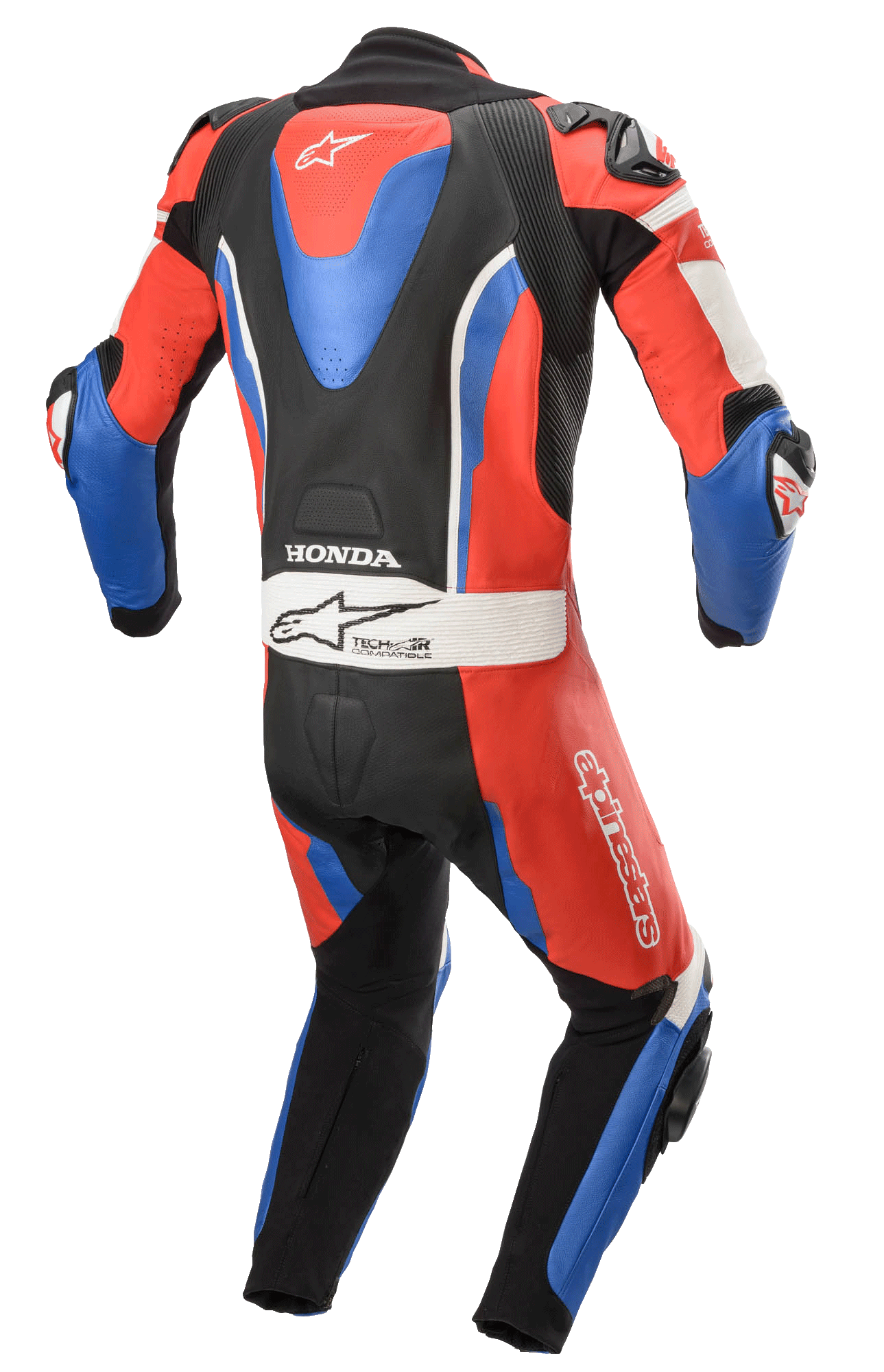Alpinestars Honda GP Pro V2 eendelig leren pak, motorracepak, zwart rood en blauw, achteraanzicht met aerodynamische bult, Honda- en Tech-Air-logo's, accordeon stretchpanelen voor bewegingsvrijheid, professionele circuituitrusting