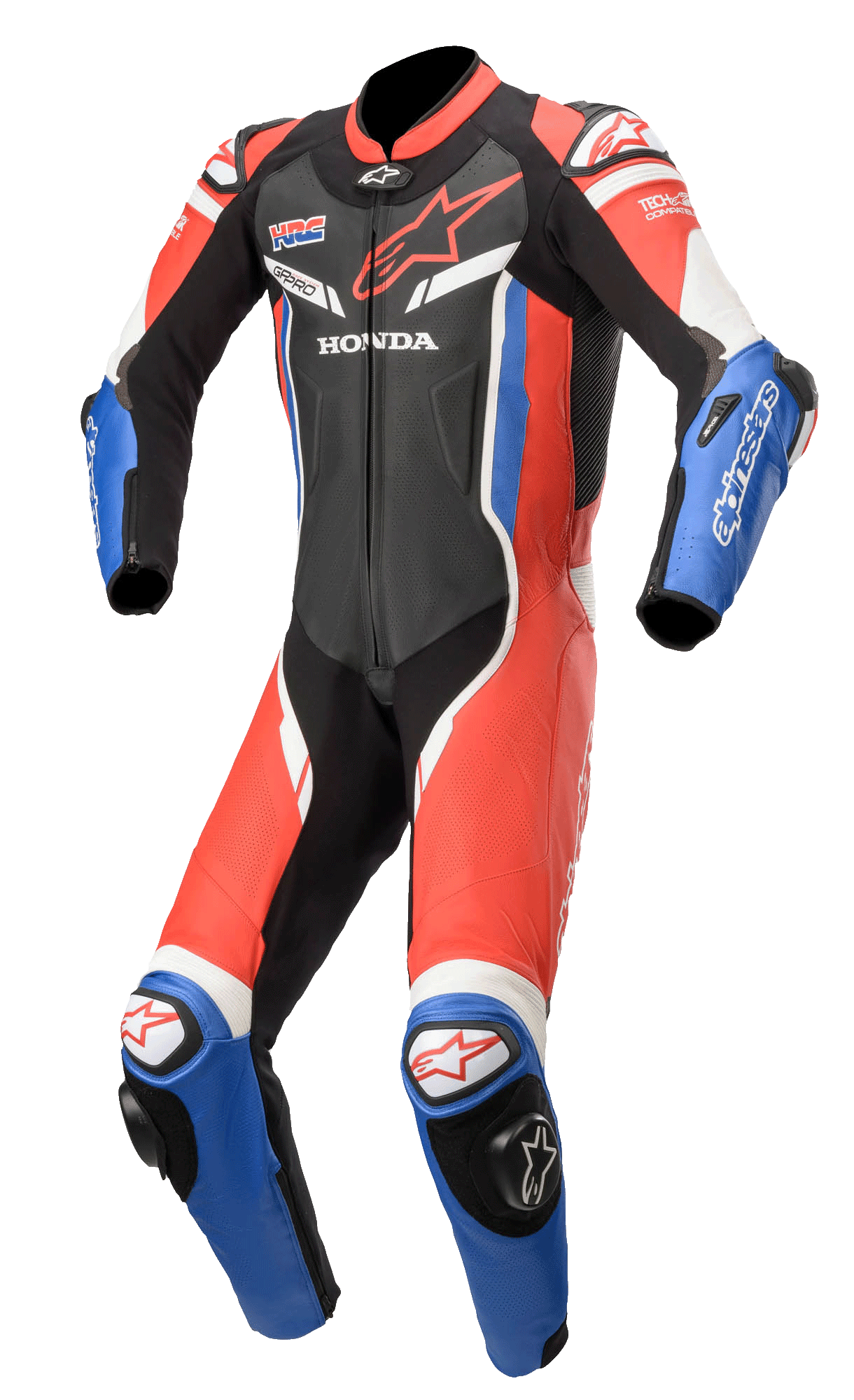 Alpinestars Honda GP Pro V2 eendelig leren motorpak, professioneel motorracepak, zwart, rood en blauw met witte accenten, voorzien van Honda- en HRC-branding, aerodynamisch ontwerp met geperforeerde ventilatie, DFS-sliders op schouders en knieën, Tech-Air® compatibel.