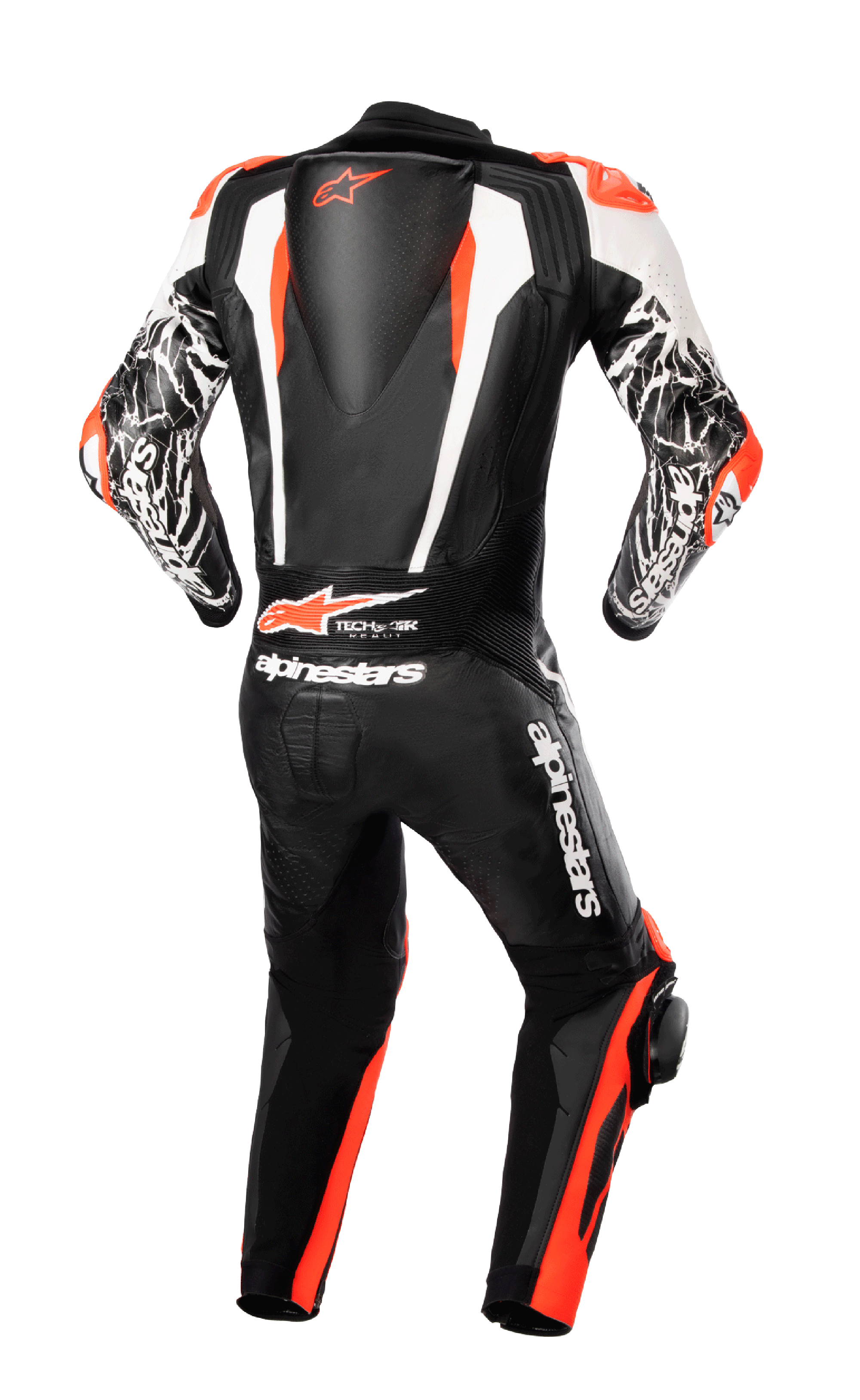 Alpinestars Racing Absolute V2 eendelig lederen motorpak, achteraanzicht, zwart, wit en fluorood, met aerodynamische rugbult met logo, Tech-Air Ready-branding en witte armaccenten met marmerpatroon, professionele motoruitrusting voor het circuit