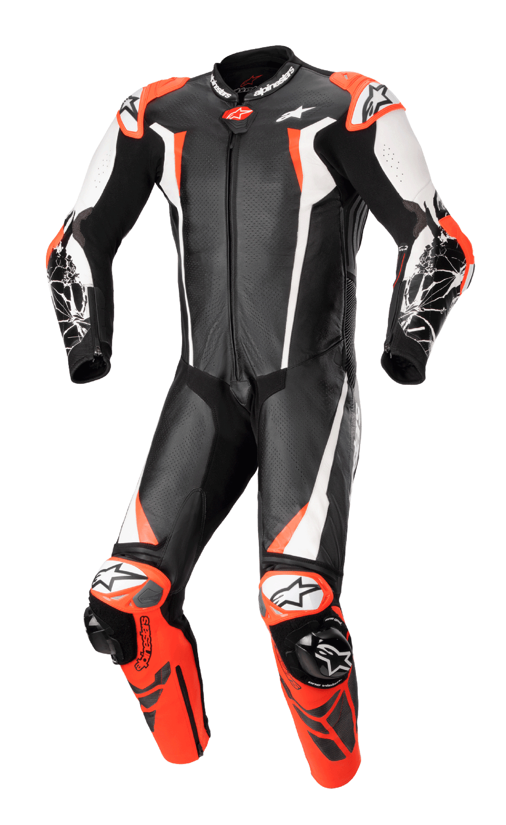 Alpinestars Racing Absolute V2 eendelig leren motorpak, motorracepak, zwart, wit en fluo rood, aerodynamisch design met geperforeerd leer, externe sliders op schouders en knieën, professionele circuitwaardige constructie
