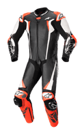 Alpinestars Racing Absolute V2 eendelig leren motorpak, motorracepak, zwart, wit en fluo rood, aerodynamisch design met geperforeerd leer, externe sliders op schouders en knieën, professionele circuitwaardige constructie