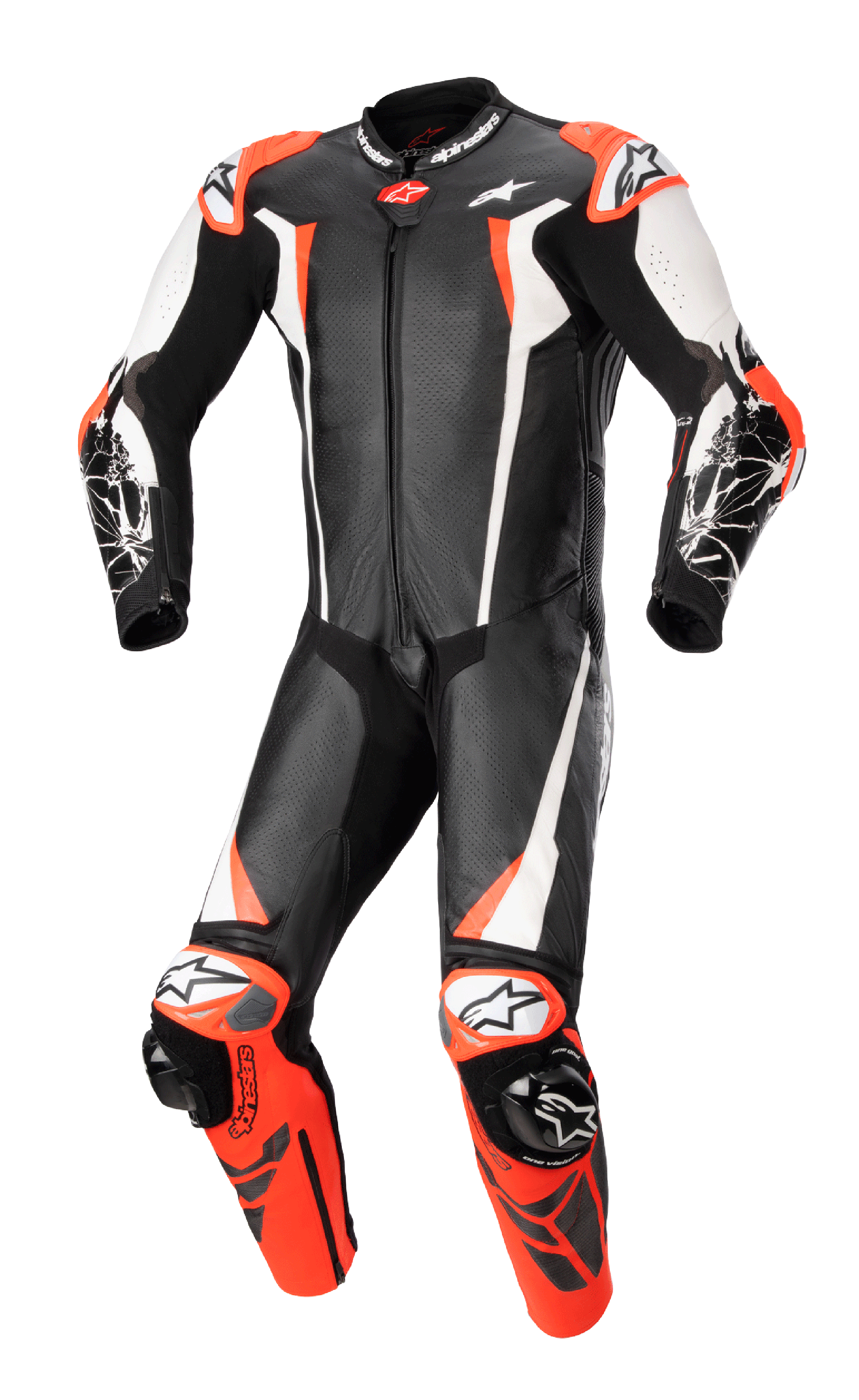 Alpinestars Racing Absolute V2 eendelig leren motorpak, motorracepak, zwart, wit en fluo rood, aerodynamisch design met geperforeerd leer, externe sliders op schouders en knieën, professionele circuitwaardige constructie