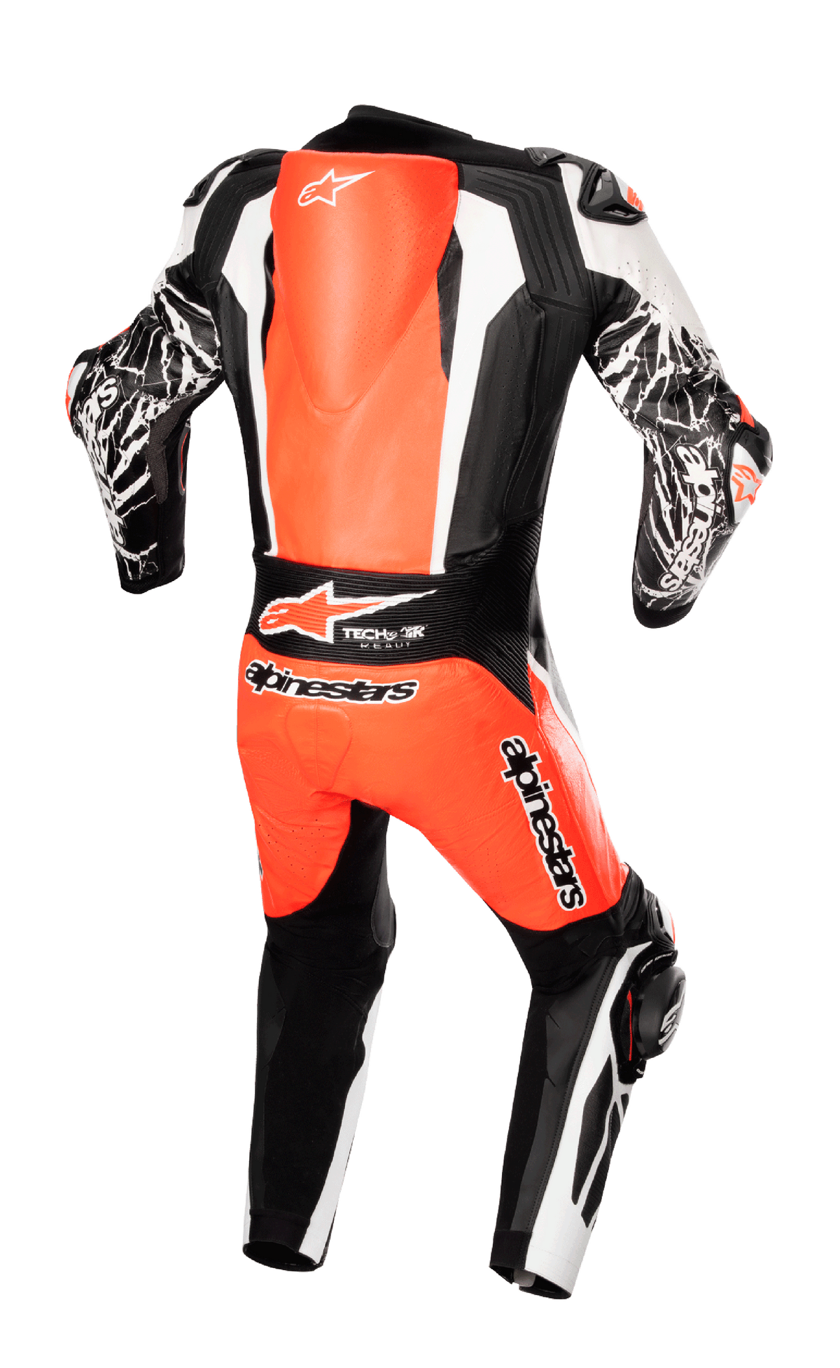 Alpinestars Racing Absolute V2 eendelig leren pak, achteraanzicht, fluo rood, wit en zwart, met aerodynamische rugbult, Tech-Air Ready-branding en marmer-effect graphics op de mouwen, professionele motorrace-uitrusting