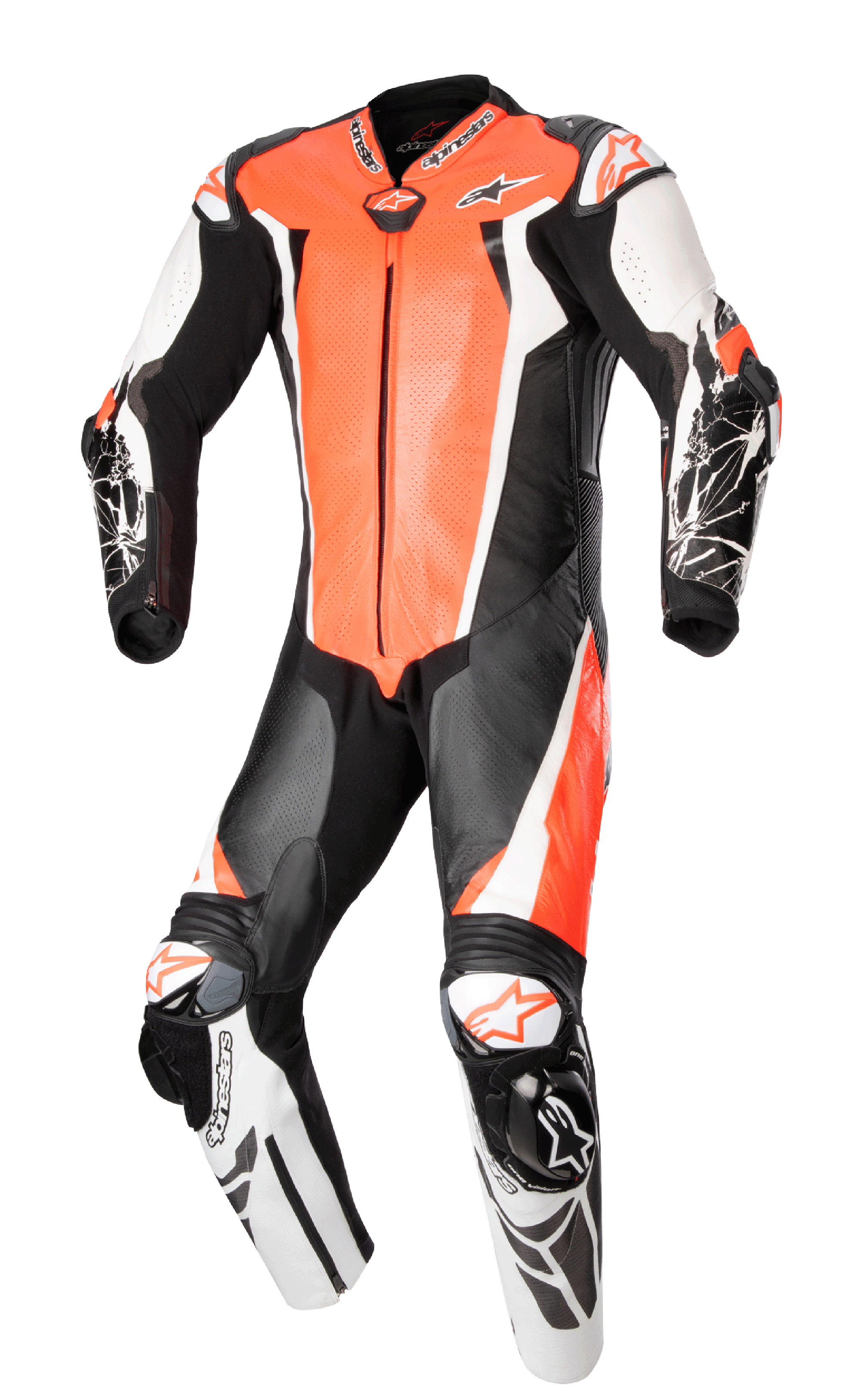 Alpinestars Racing Absolute V2 eendelig leren motorpak, motorracingpak, fluorrood, wit en zwart, voorzien van geperforeerde borstpanelen, externe DFS-sliders op de schouders en knieën en grafische printdetails op de onderarmen, professionele circuituitrusting.
