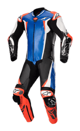 Alpinestars Racing Absolute V2 Eendelig Leren Pak, metallic blauw, zwart, wit en fluo rood, professioneel motorracepak met kangoeroeleren constructie, externe GP DFS-sliders op schouders en knieën, en geperforeerde panelen voor circuitprestaties.