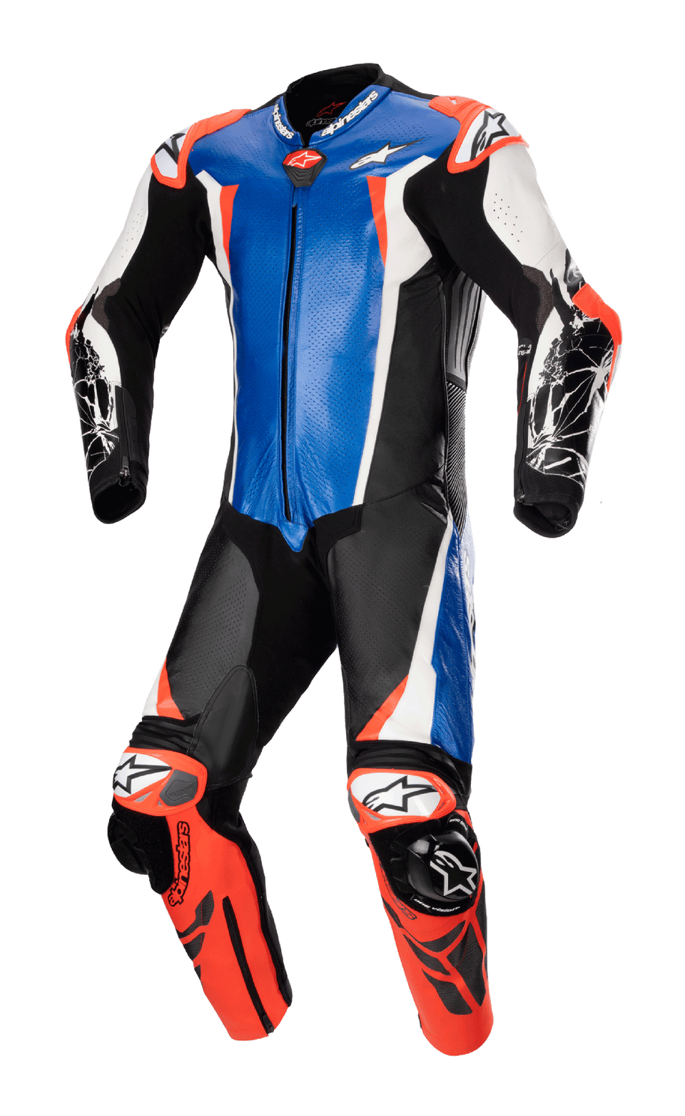 Alpinestars Racing Absolute V2 Eendelig Leren Pak, metallic blauw, zwart, wit en fluo rood, professioneel motorracepak met kangoeroeleren constructie, externe GP DFS-sliders op schouders en knieën, en geperforeerde panelen voor circuitprestaties.