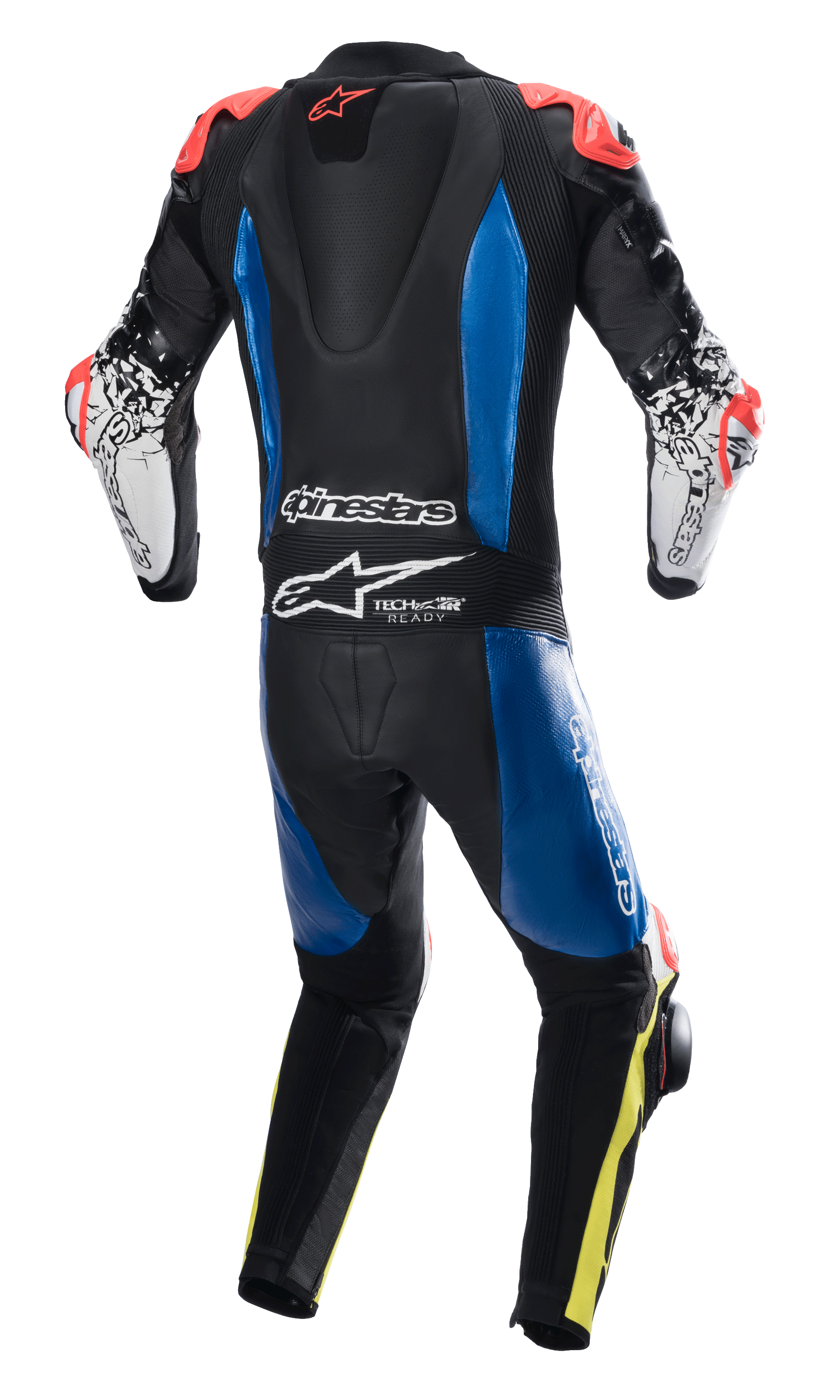 Alpinestars GP Tech V4 Leren Pak, eendelig lederen racepak, zwart met blauwe panelen en fluo rode accenten, achteraanzicht met aerodynamische bult en Tech-Air Ready branding, witte mouwen met zwarte graphics en fluo gele details op de benen, professionele race-uitrusting voor circuitprestaties