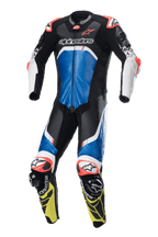 Alpinestars GP Tech V4 leren racepak, eendelig motorpak, zwart, blauw en fluogeel met witte en rode accenten, professioneel circuitontwerp met MATRYX-panelen en versterkte bescherming op schouders en knieën, hoogwaardige leren constructie voor topprestaties op het circuit