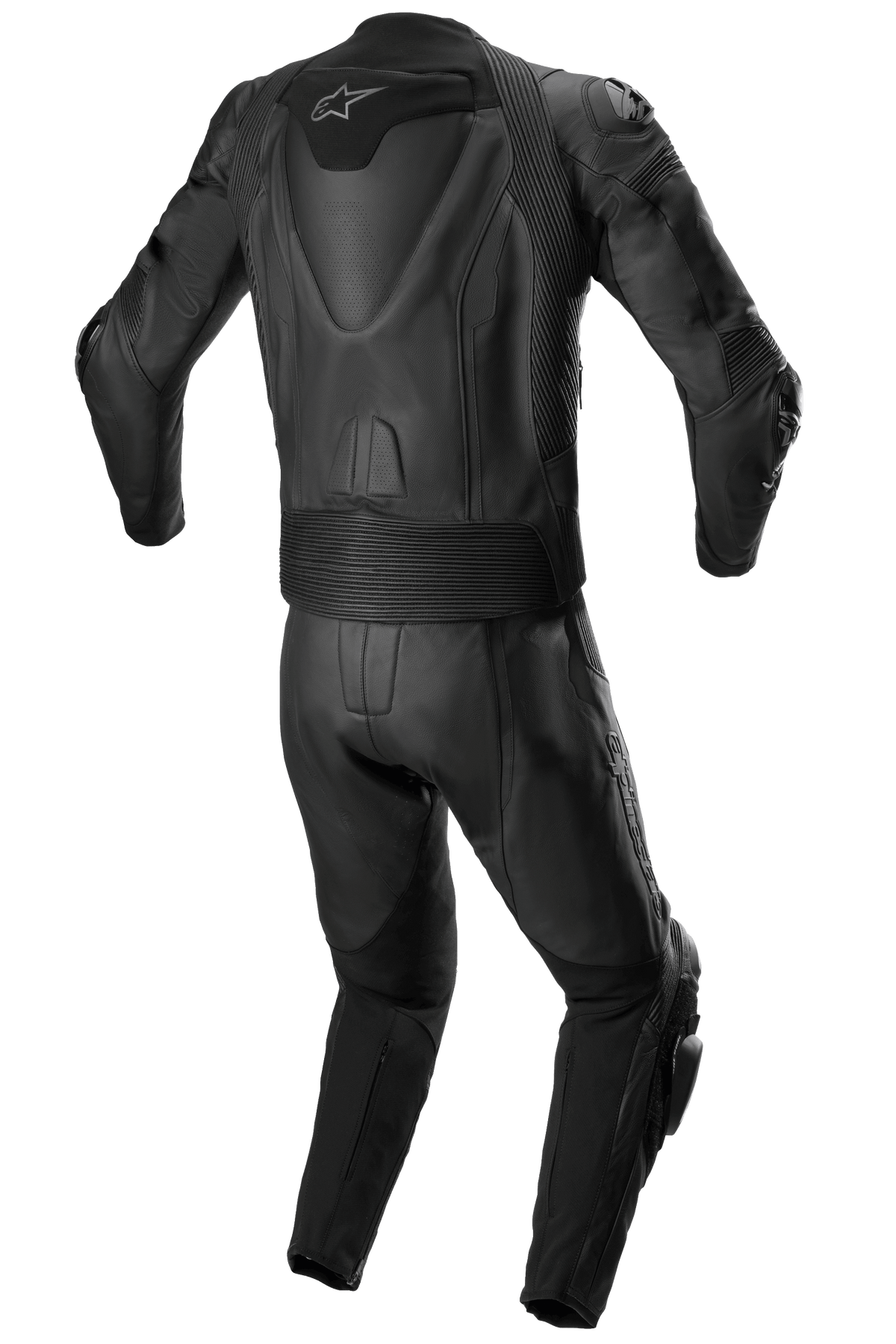 Alpinestars Missile V2 2-delig leren pak, leren racepak, volledig zwart, achteraanzicht met aerodynamische rug-hump met wit sterlogo, accordeon stretchpanelen in de taille en bij de schouders, en geperforeerde leren details voor sportief motorrijden